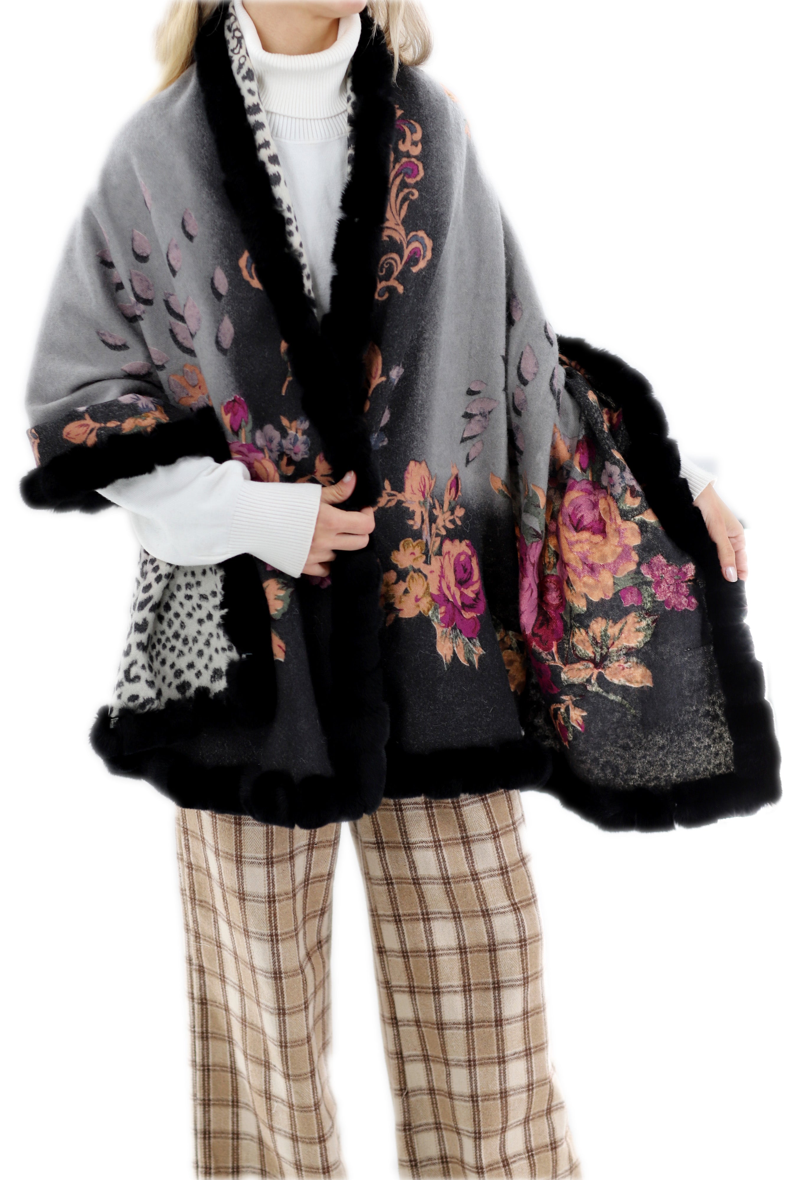 Floral Reversible Animal Print Wrap with Genuine Rex Rabbit Trim - 100% Wool - Black