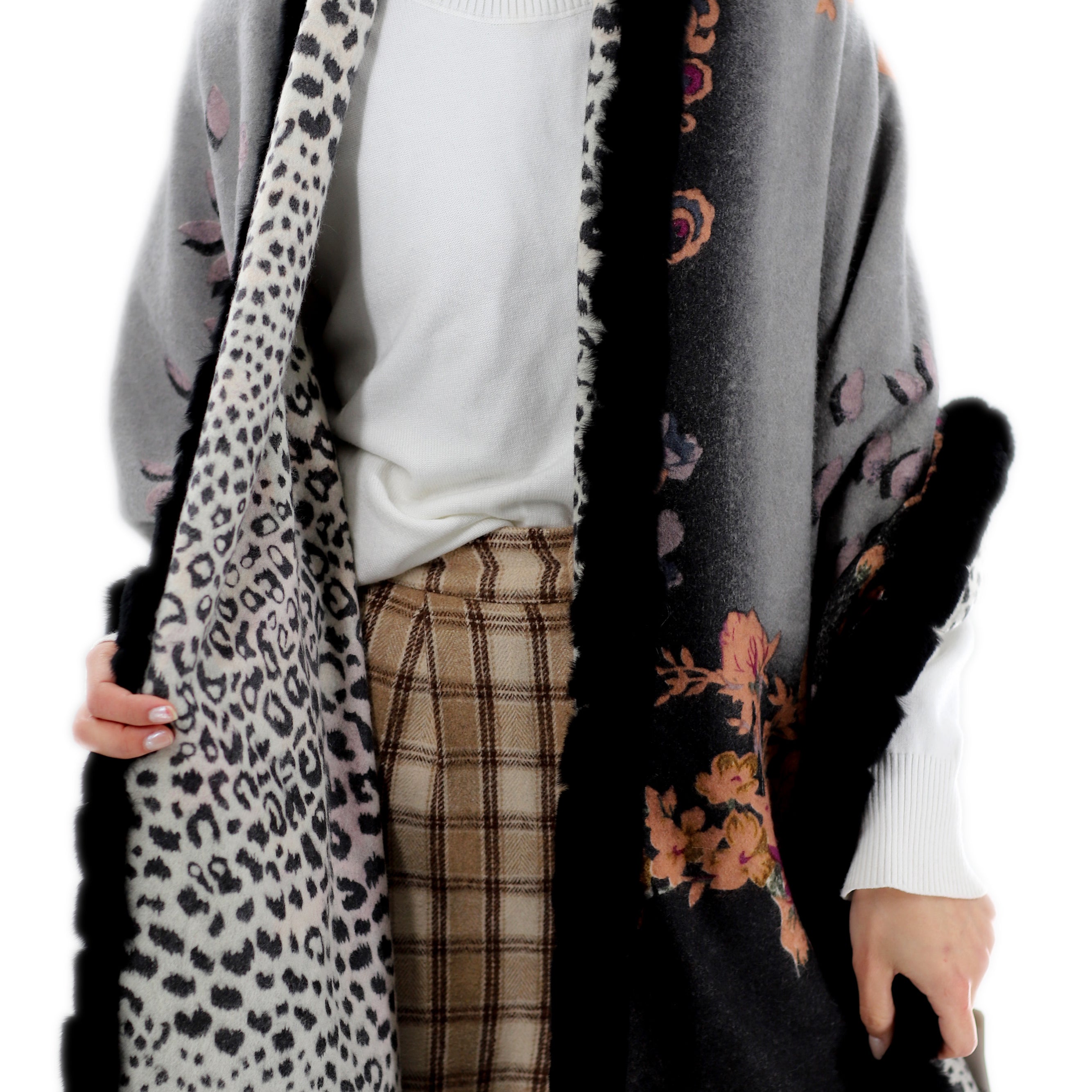 Floral Reversible Animal Print Wrap with Genuine Rex Rabbit Trim - 100% Wool - Black