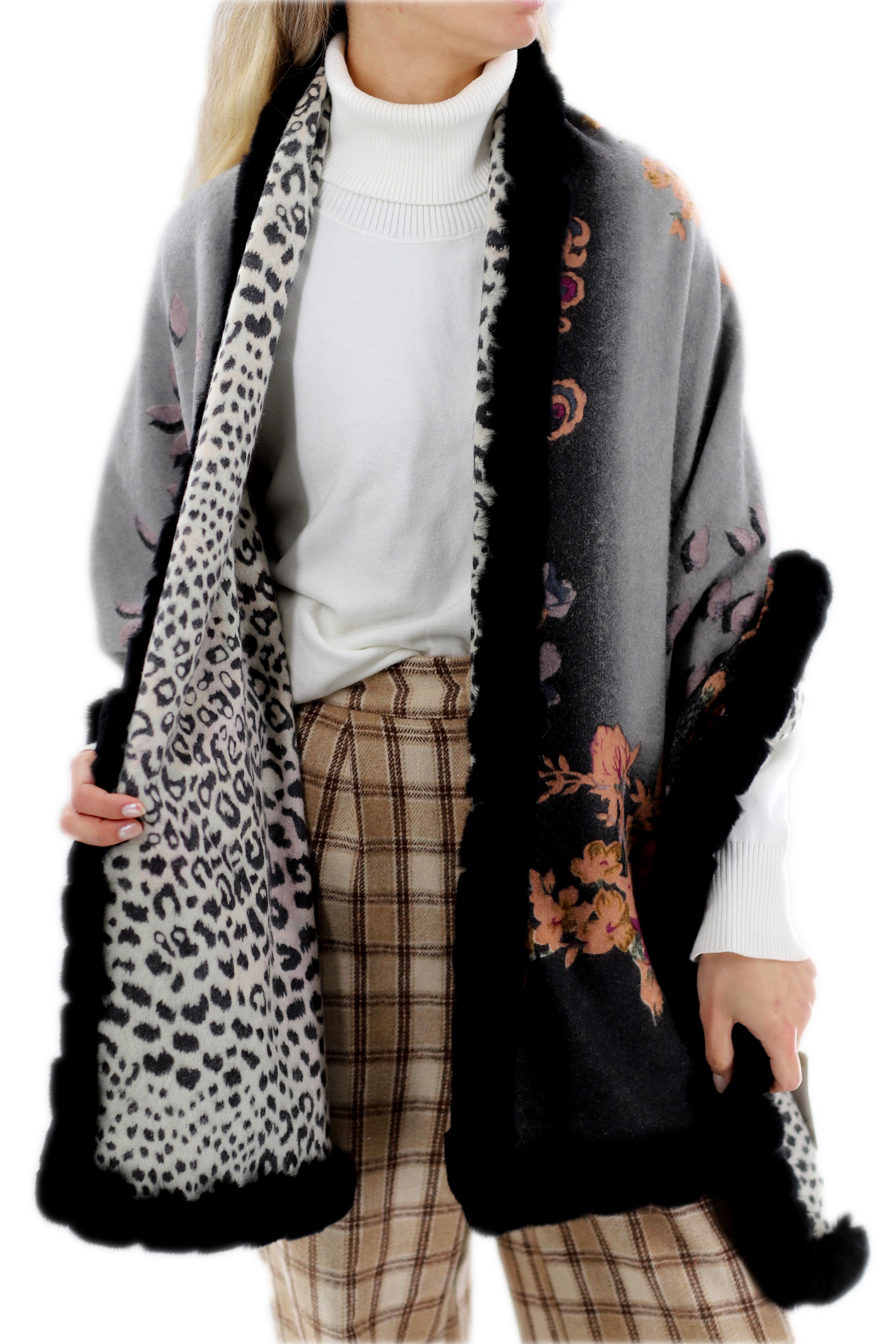 Floral Reversible Animal Print Wrap with Genuine Rex Rabbit Trim - 100% Wool - Black