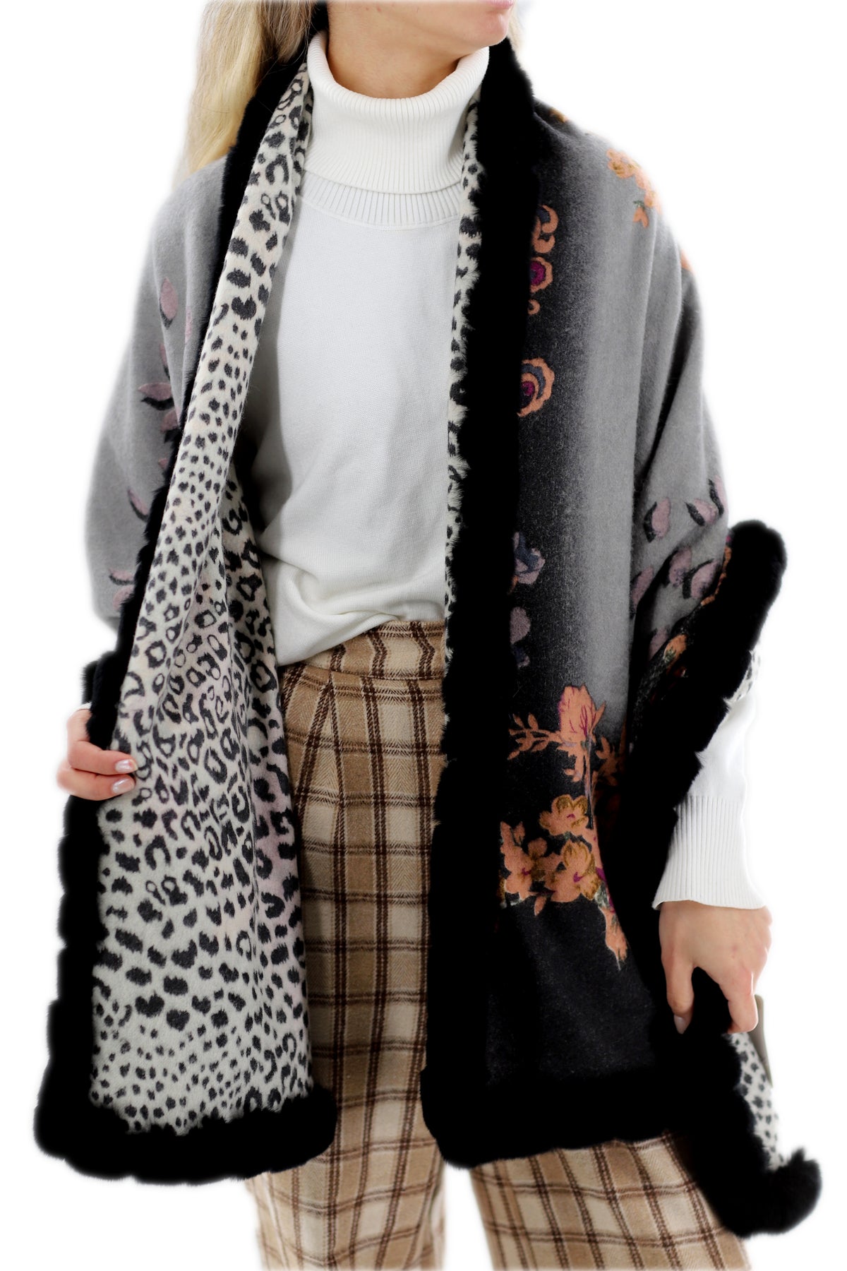 Floral Reversible Animal Print Wrap with Genuine Rex Rabbit Trim - 100% ...