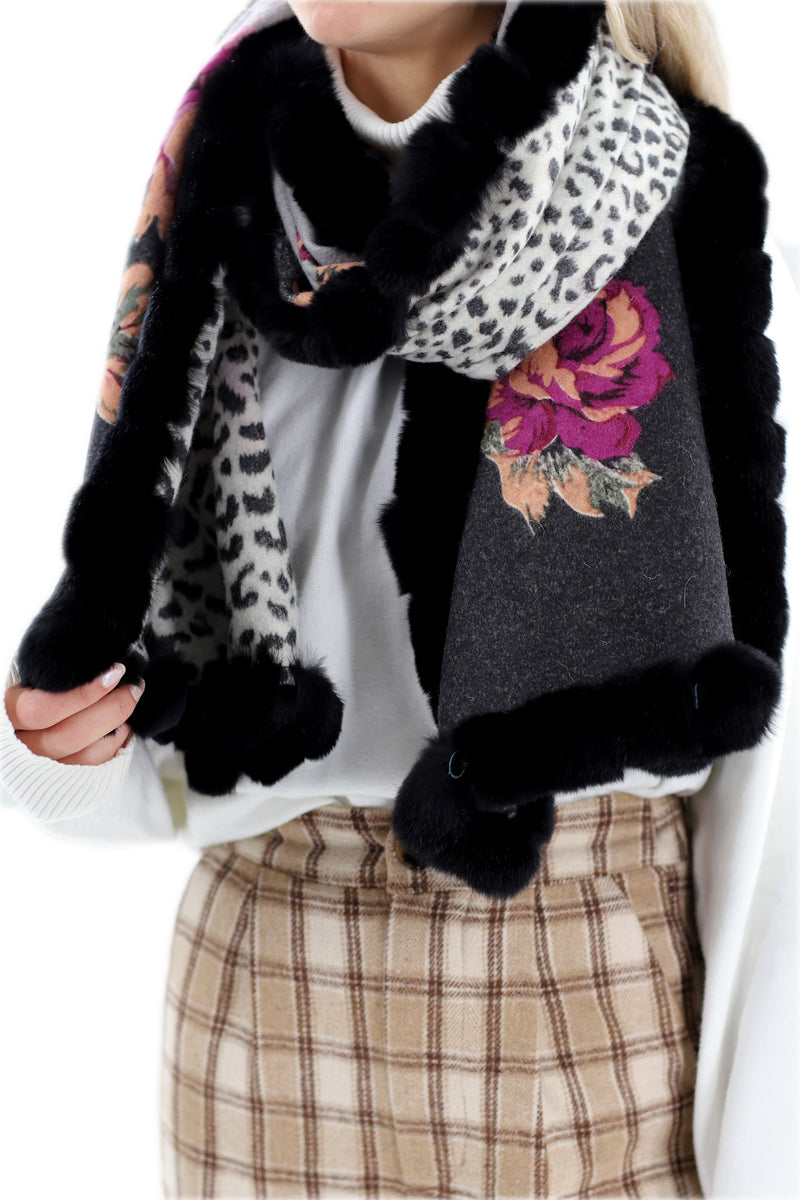Floral Reversible Animal Print Wrap with Genuine Rex Rabbit Trim - 100% ...
