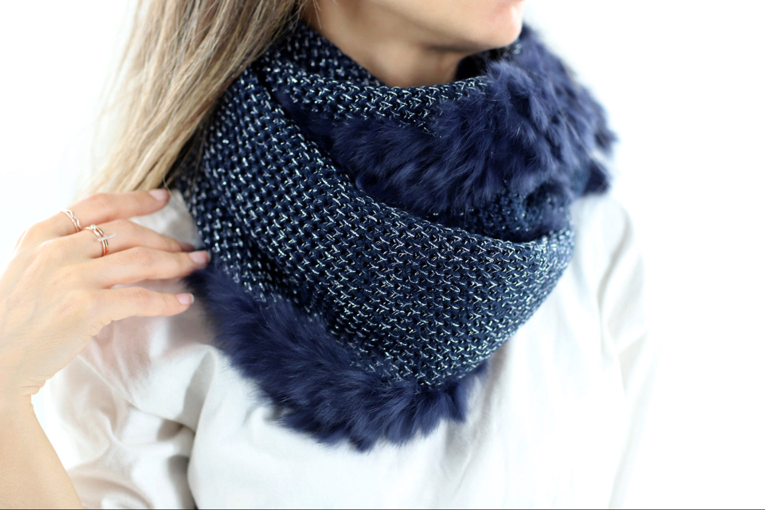 Rabbit Trim Infinity Scarf - Navy
