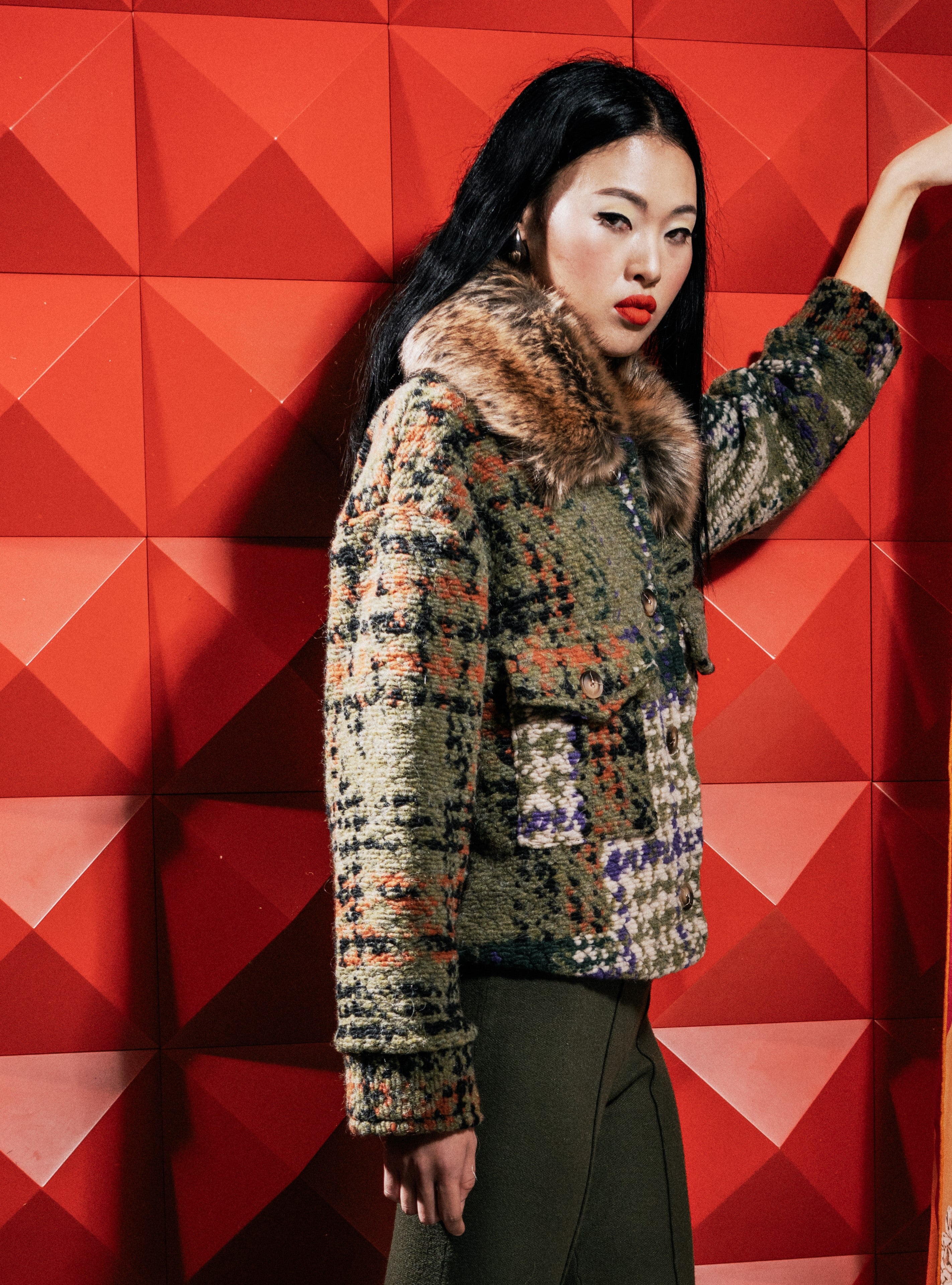 Faux Fur Trim Plaid Print Jacket