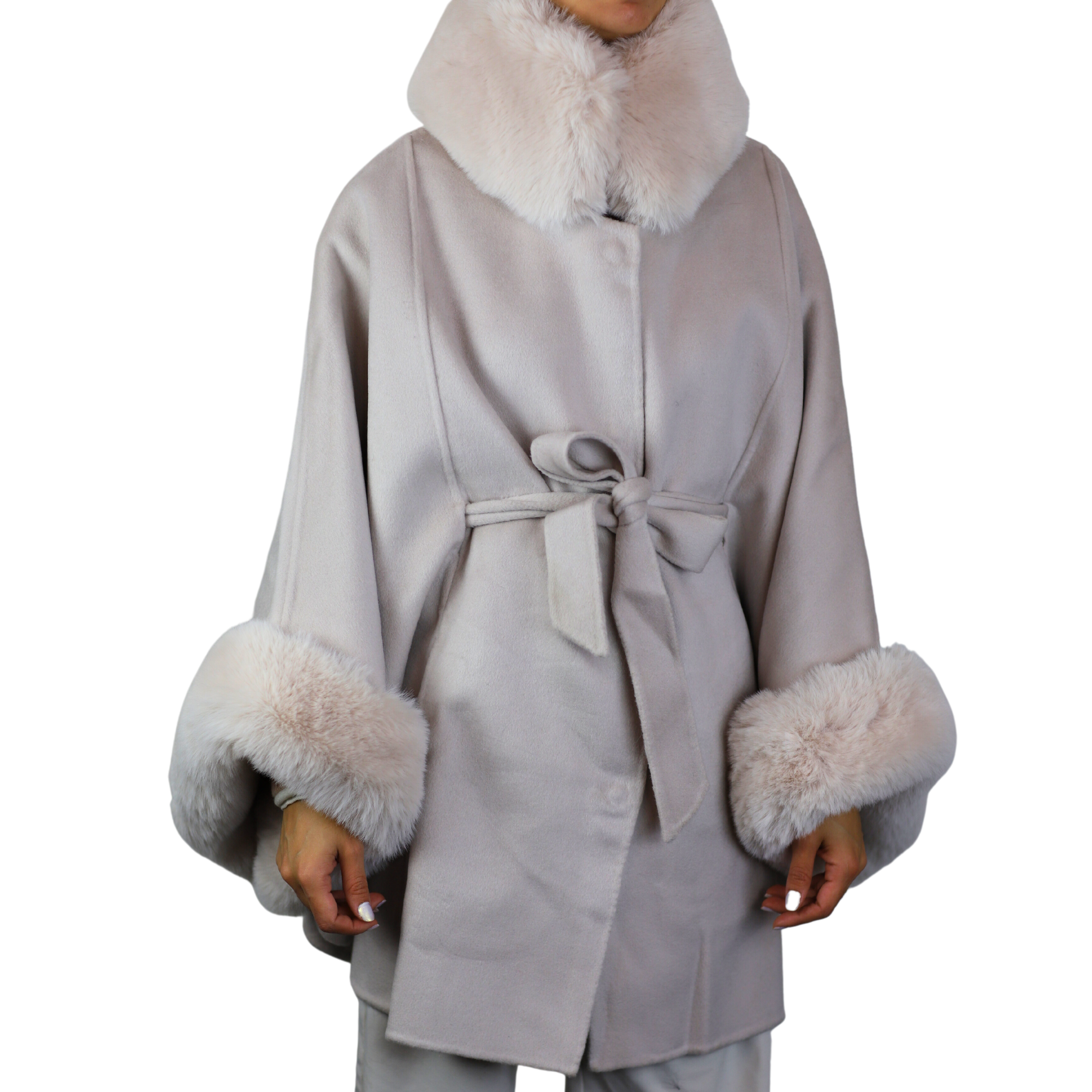 Ivory Hooded Poncho with Plush Faux Fur Trim - 100% Wool Fabrication, One Size Fits All (44x32in) - Faux Fur Poncho - La Fiorentina LRO-1417-FAUX