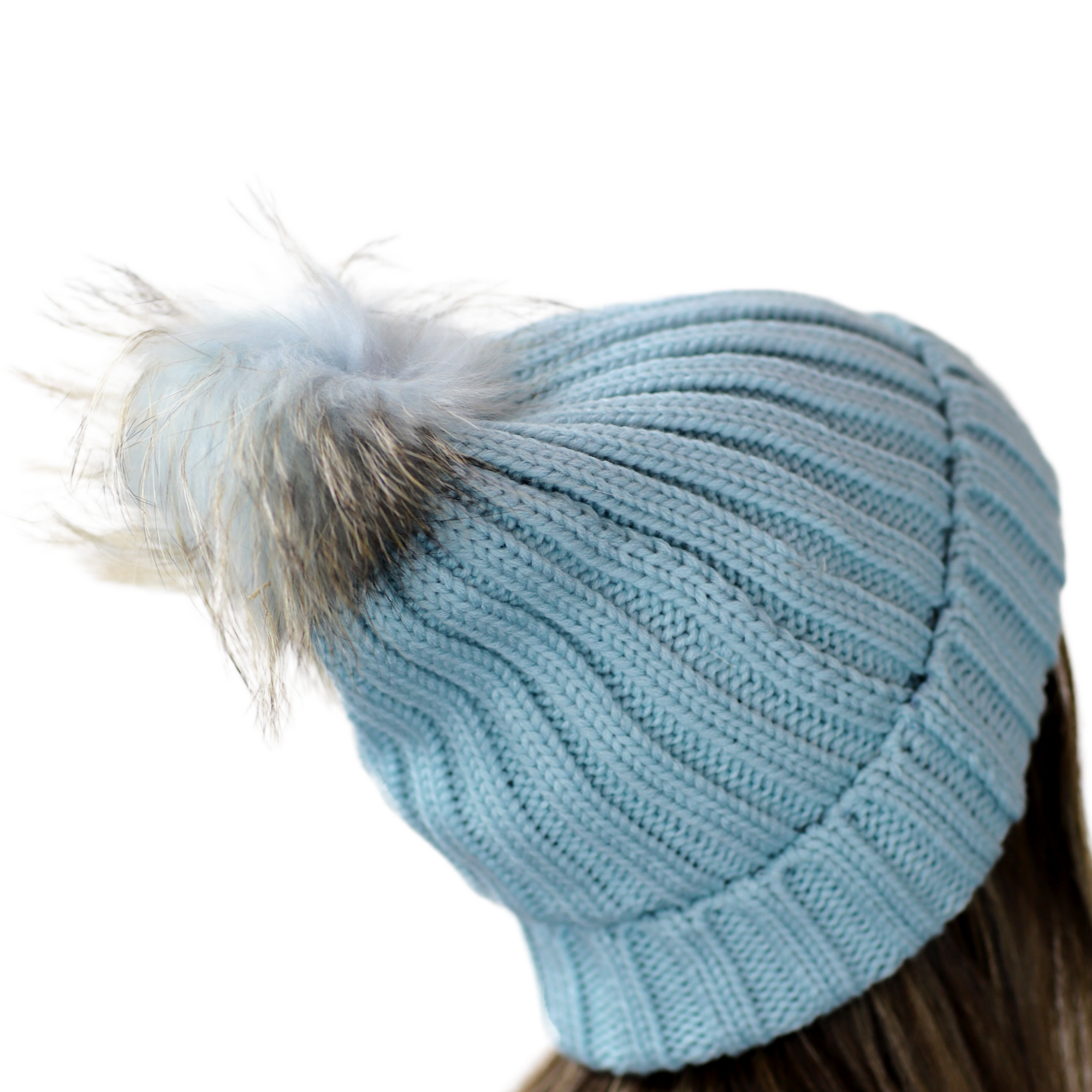 KNITTED HAT WITH FUR POM - BLACK - Hat - La Fiorentina, Light Blue