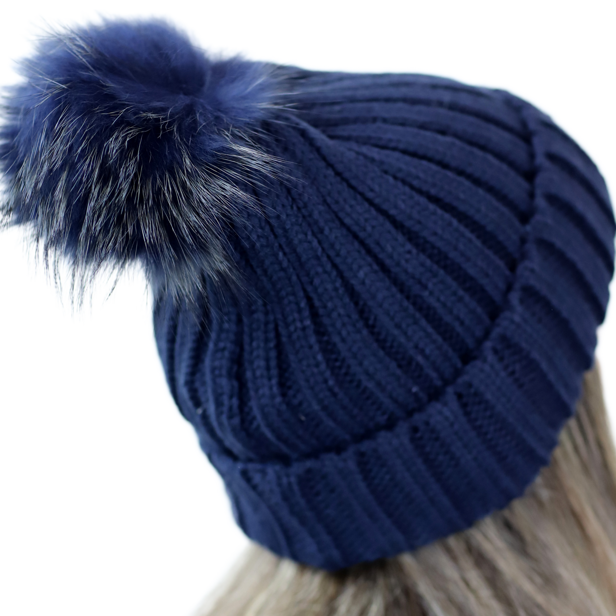 KNITTED HAT WITH FUR POM - BLACK - Hat - La Fiorentina, Navy  NF16AC01