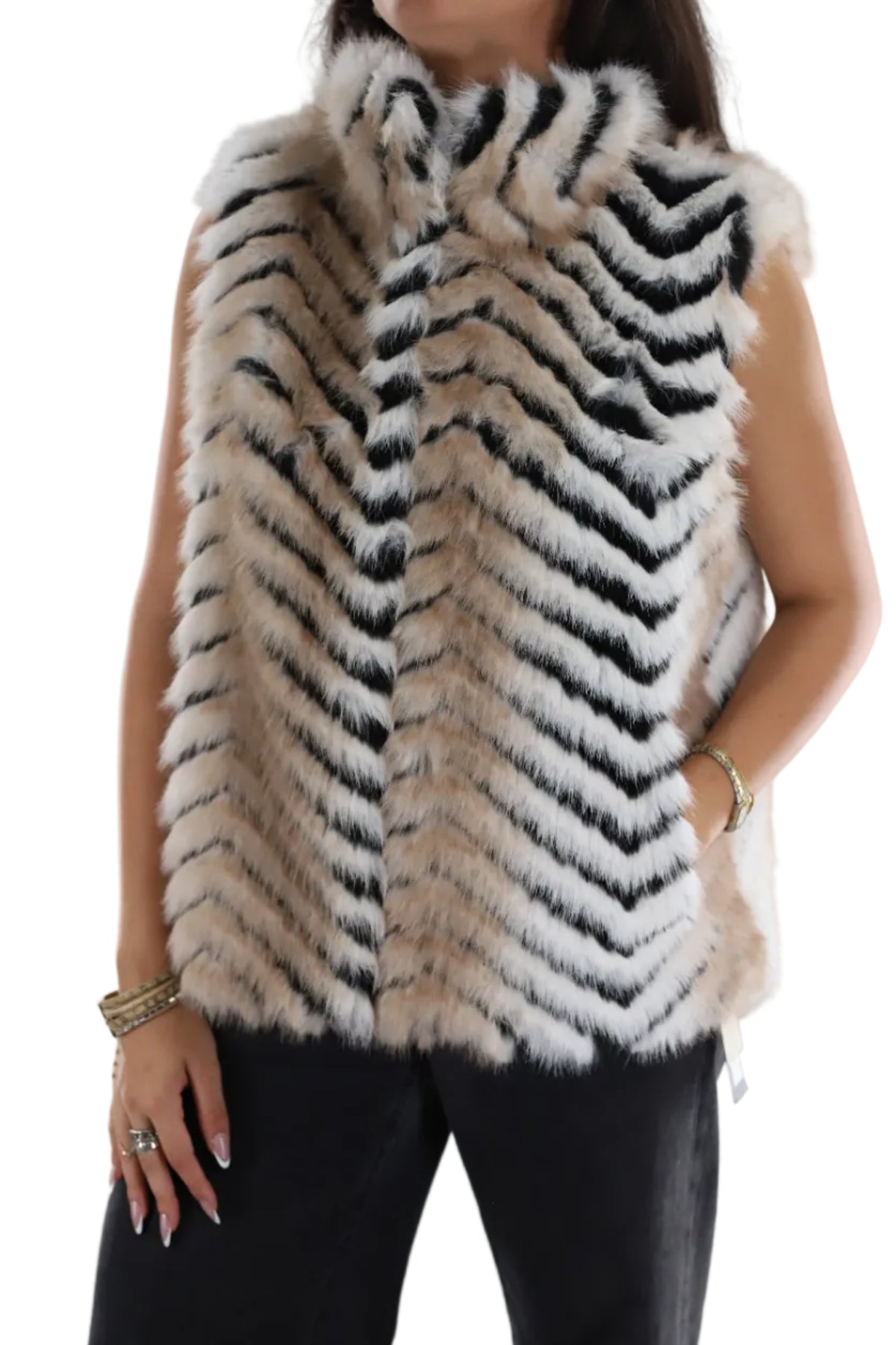 Two Tone Striped Vest - NF362308 - Faux Fur Vest - La Fiorentina