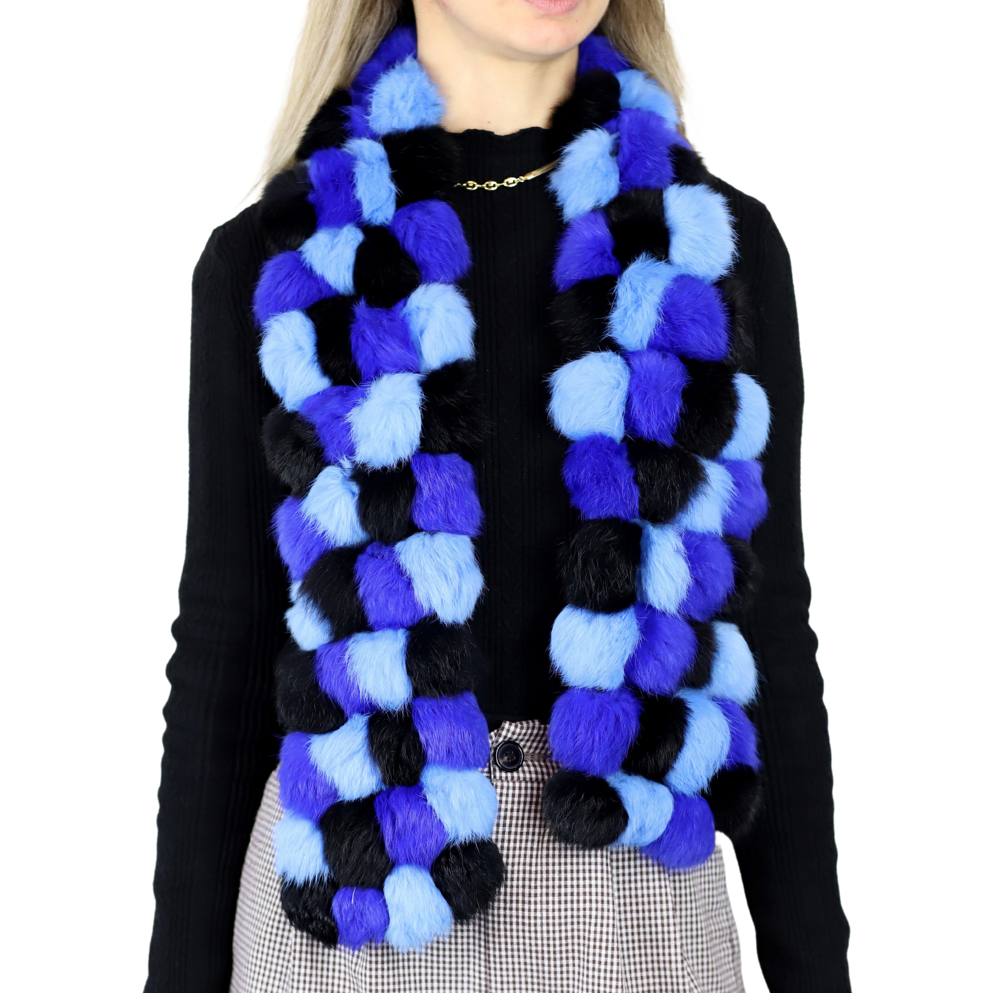 Genuine Rabbit Pom Pom Scarf - Blue/Navy - Fur Scarf - La Fiorentina - R200-F14-BLUENAVY