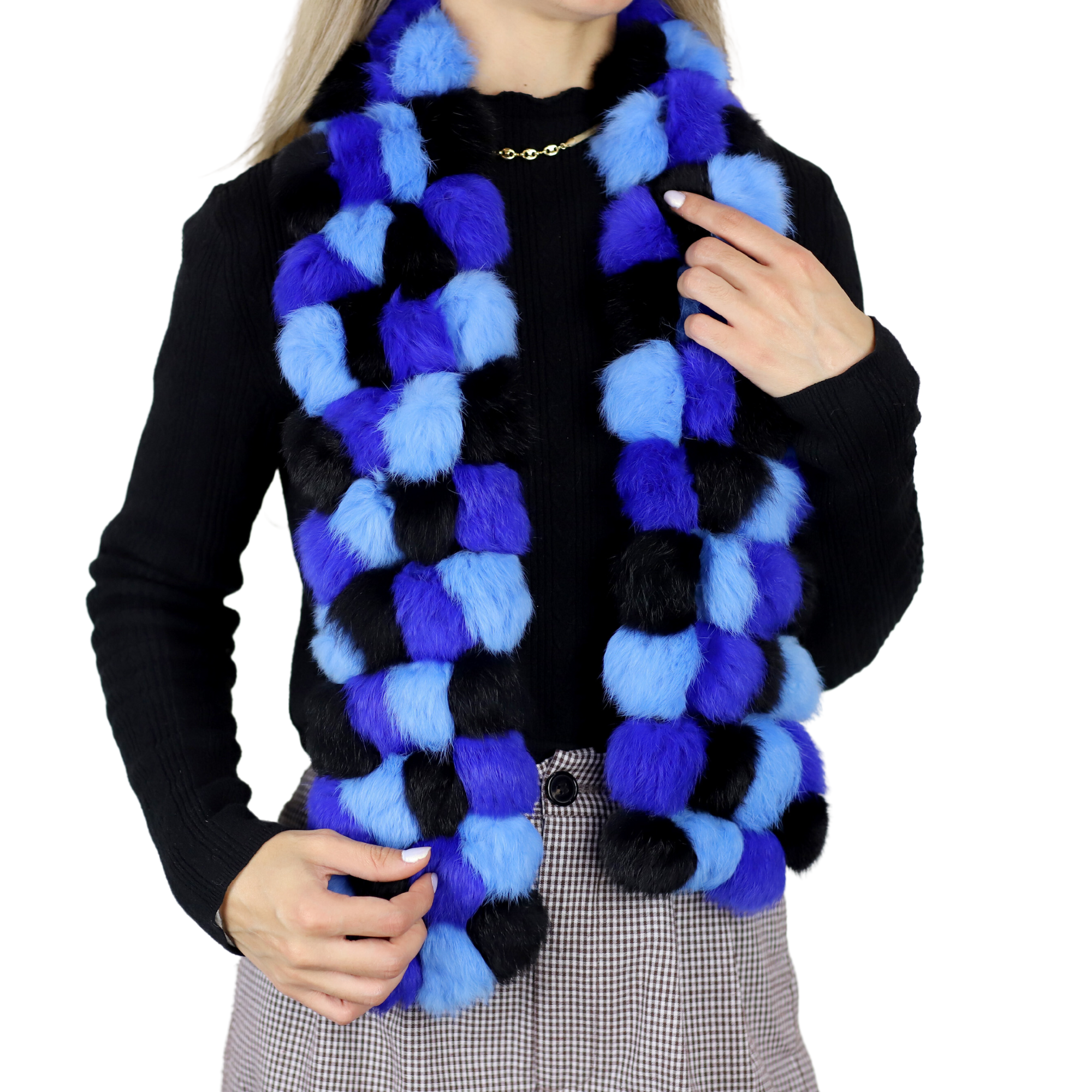 Genuine Rabbit Pom Pom Scarf - Blue/Navy - Fur Scarf - La Fiorentina R200-F14-BLUENAVY