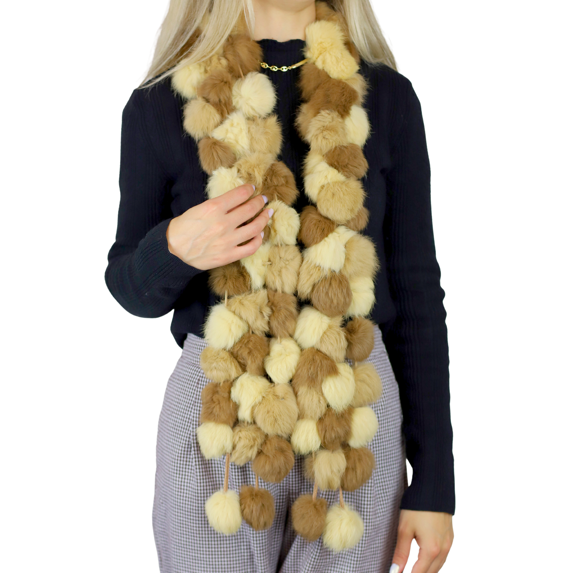 Genuine Rabbit Pom Pom Scarf - Ivory/Camel - Fur Scarf - La Fiorentina R200-F14-IVORYCAMEL