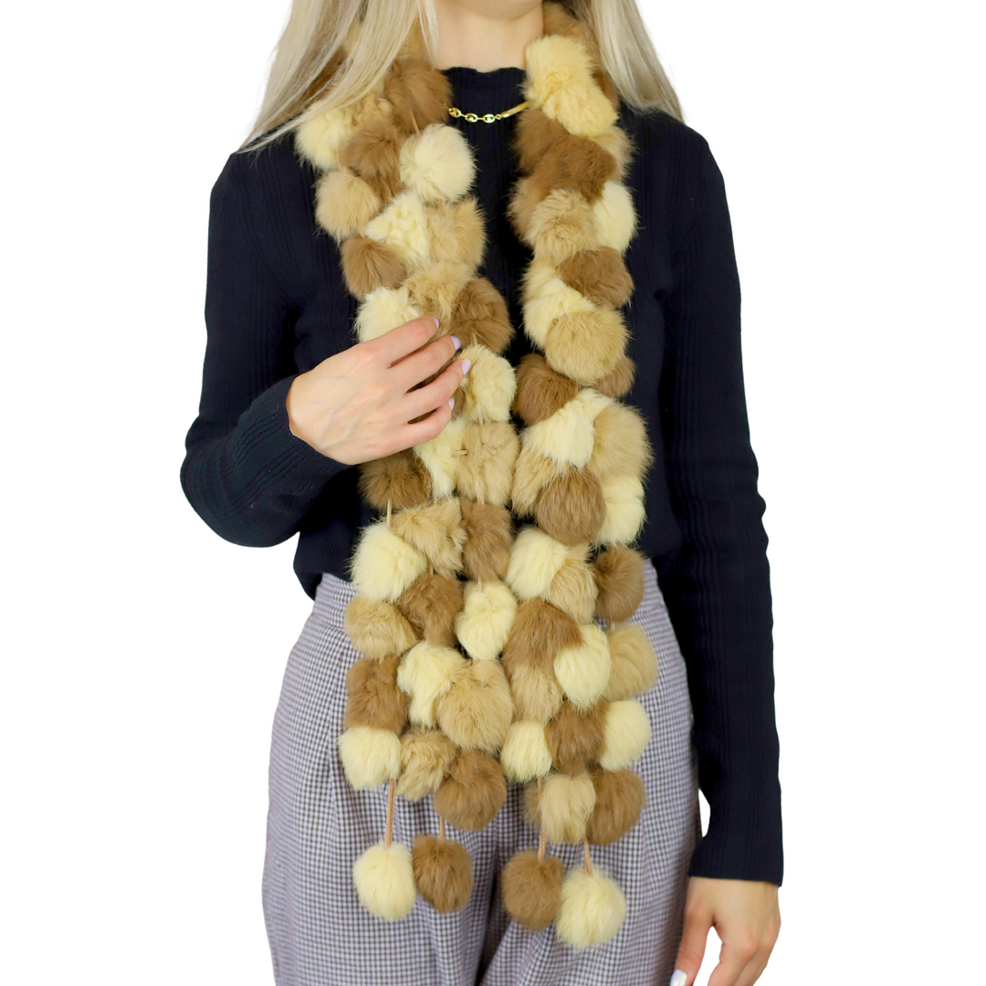 Wool scarf with top fox fur pompoms, NWT