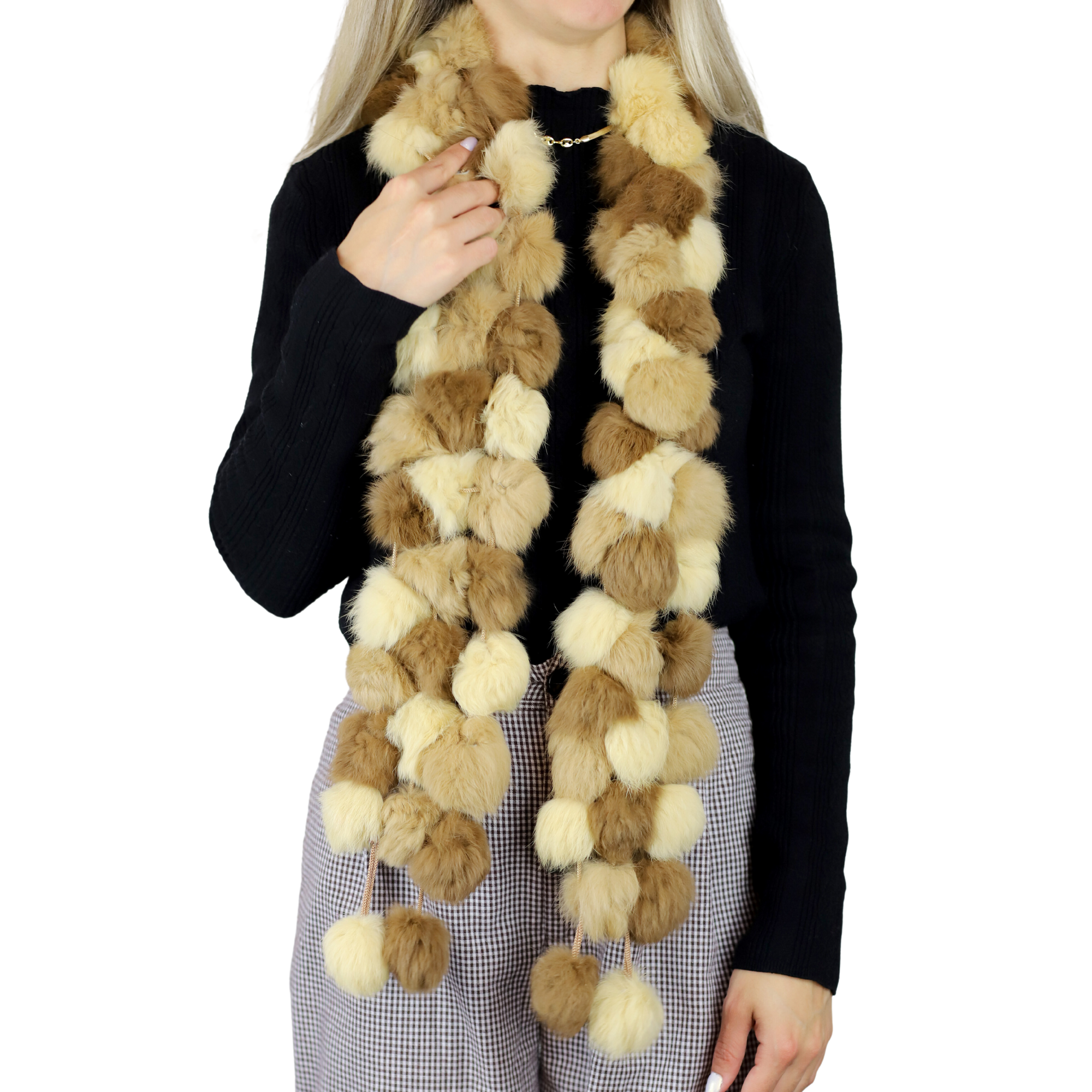 Genuine Rabbit Pom Pom Scarf - Ivory/Camel - Fur Scarf - La Fiorentina R200-F14-IVORYCAMEL