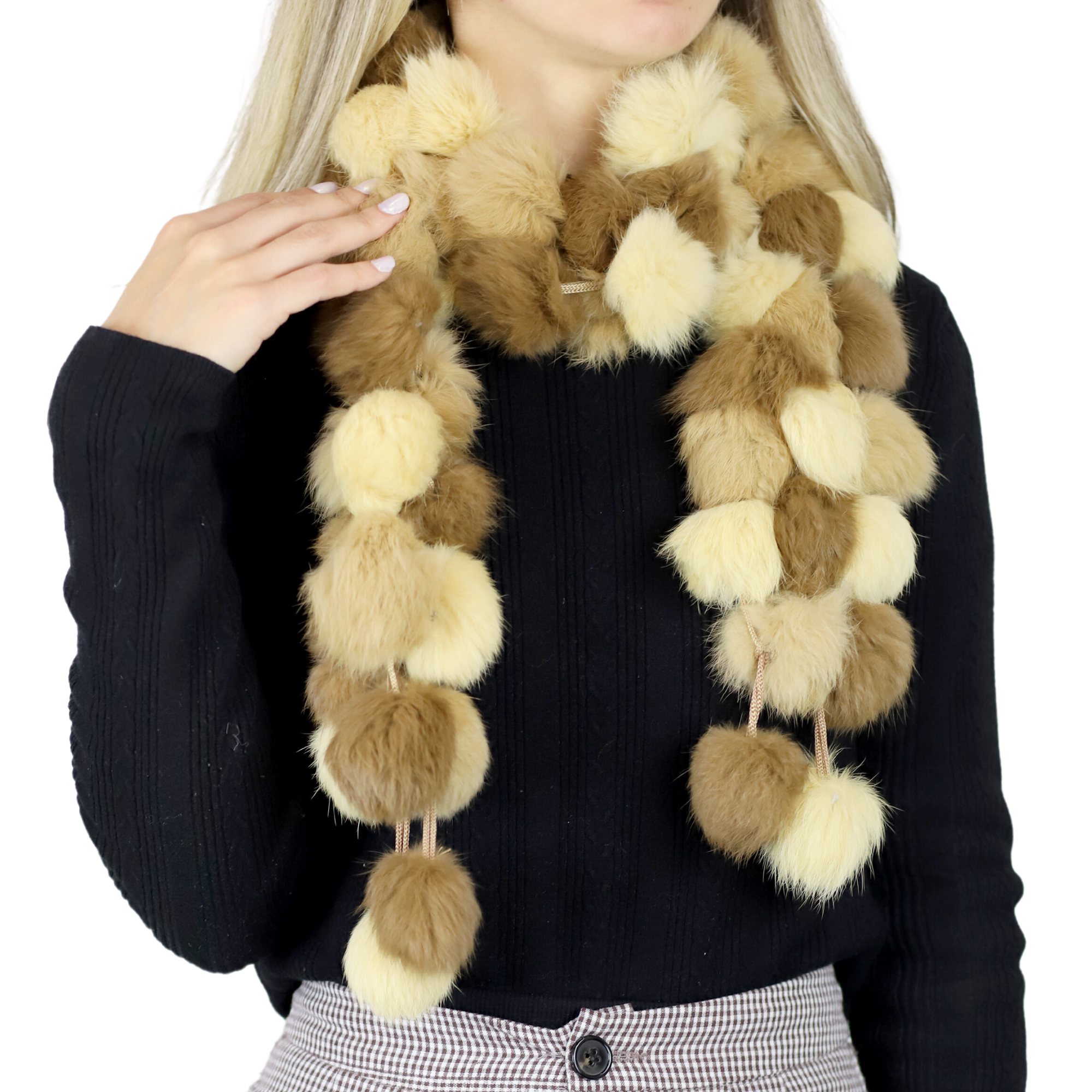 Genuine Rabbit Pom Pom Scarf - Ivory/Camel - Fur Scarf - La Fiorentina R200-F14-IVORYCAMEL