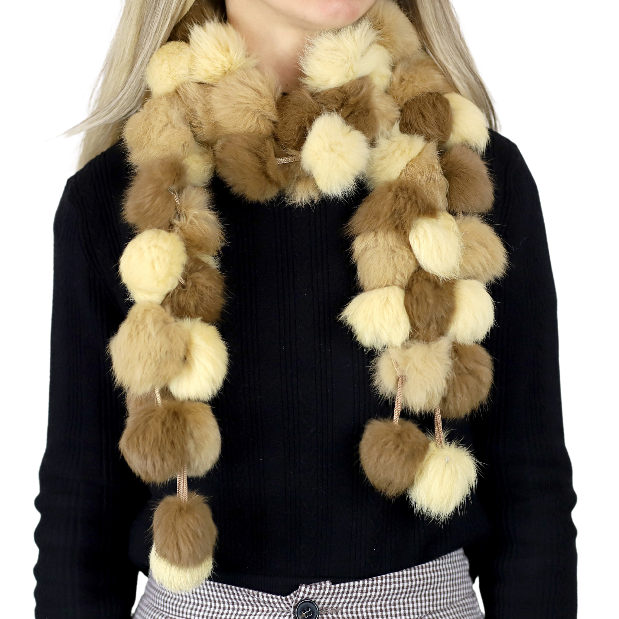 Genuine Rabbit Pom Pom Scarf - Ivory/Camel - Fur Scarf - La Fiorentina R200-F14-IVORYCAMEL