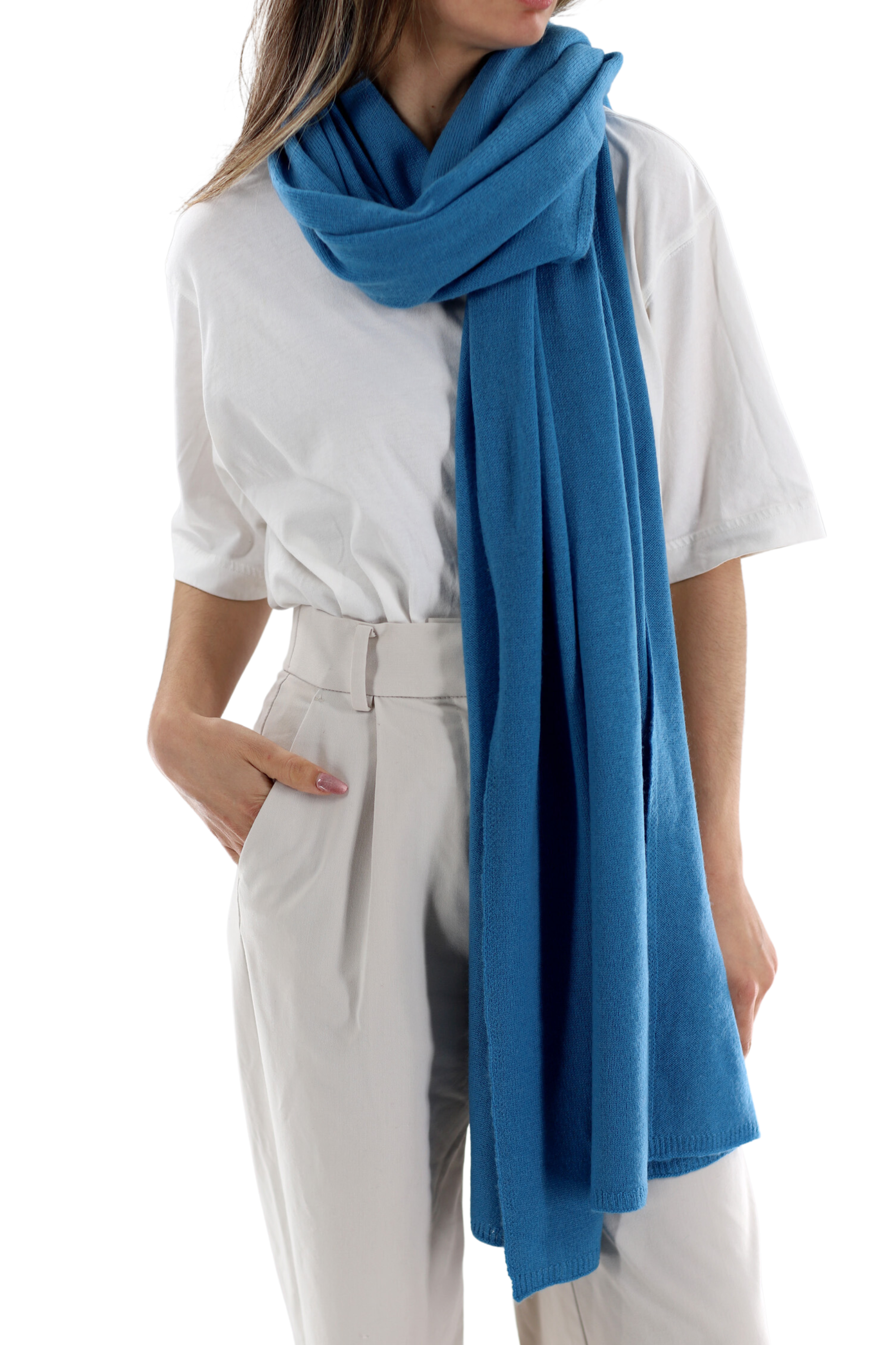 La Fiorentina SUPER SOFT Blue Cashmere Blend Knit Shawl (28x80) - Cashmere Wrap - La Fiorentina GC57203T-BLUE