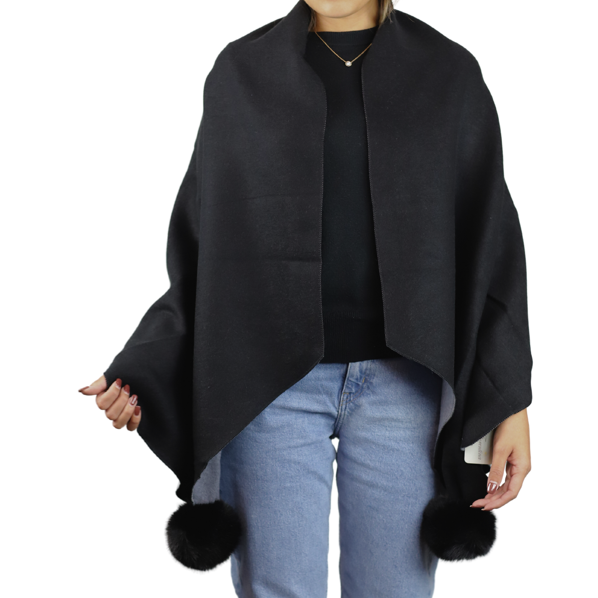 Two Tone Scarf with Faux Fur Poms in Black - Faux Fur Scarf - La Fiorentina SCAR-226-black