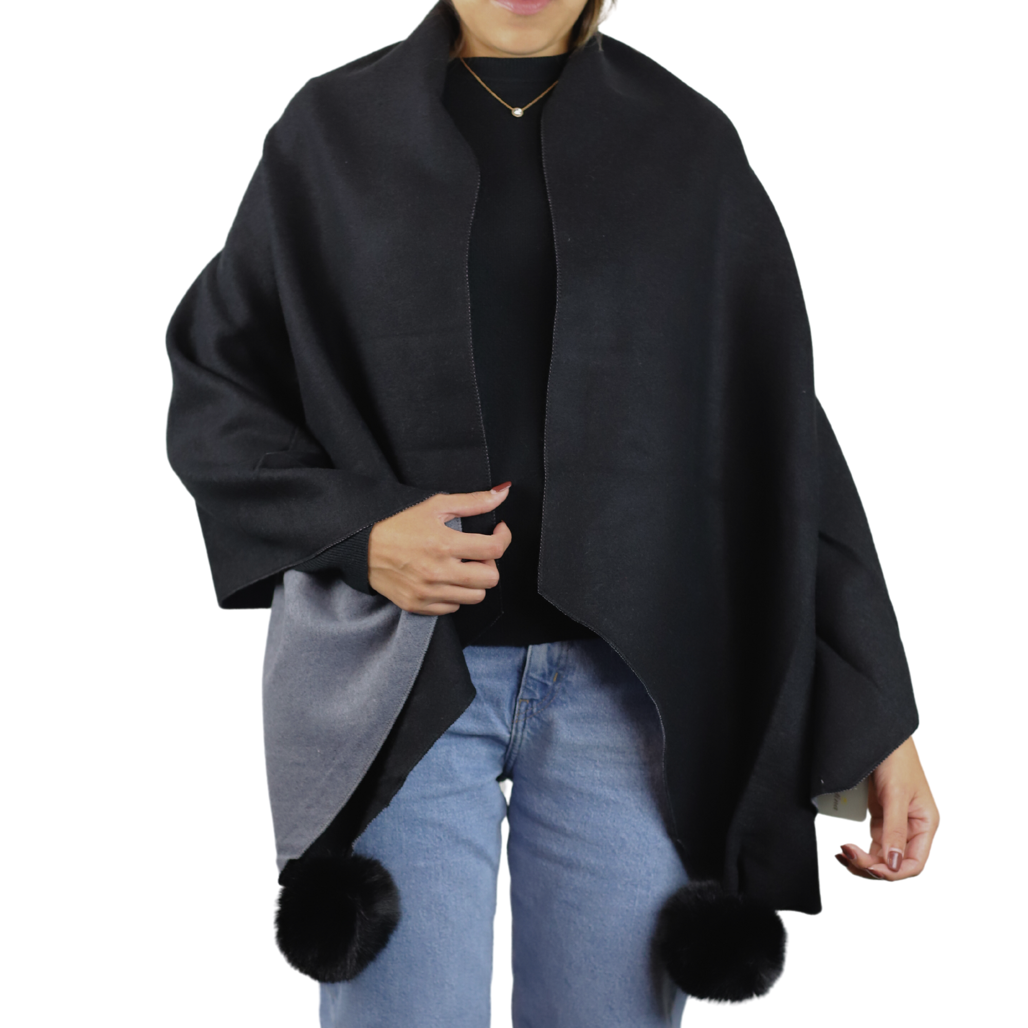 Two Tone Scarf with Faux Fur Poms in Black - Faux Fur Scarf - La Fiorentina SCAR-226-black