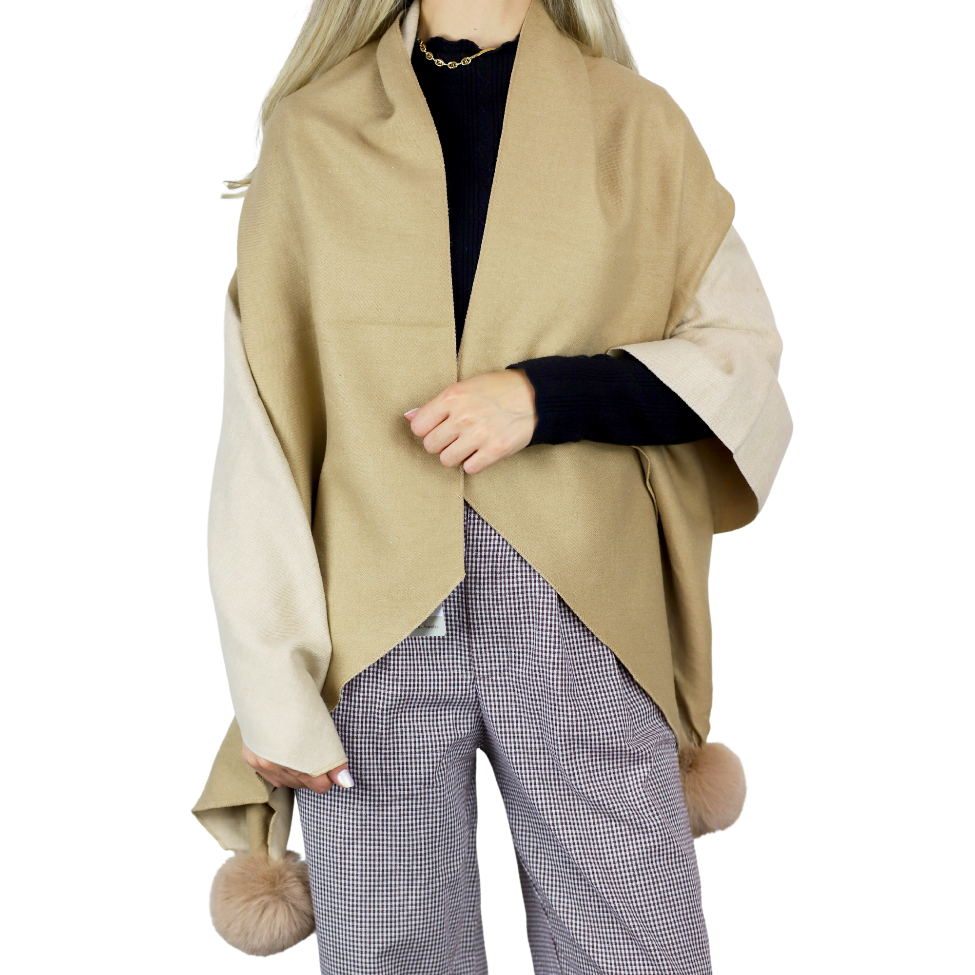 Two Tone Scarf with Faux Fur Poms in Beige - Faux Fur Scarf - La Fiorentina SCAR-226-beige