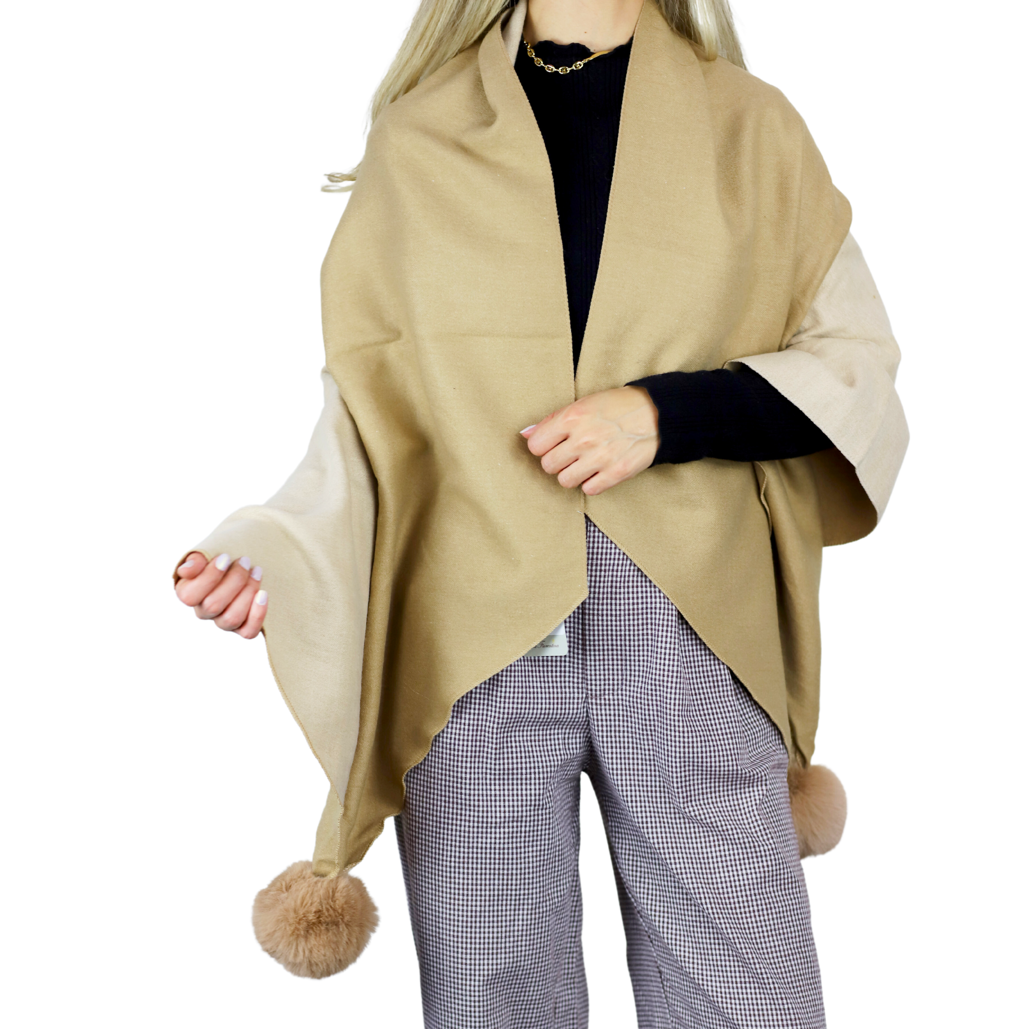 Two Tone Scarf with Faux Fur Poms in Beige - Faux Fur Scarf - La Fiorentina SCAR-226-beige