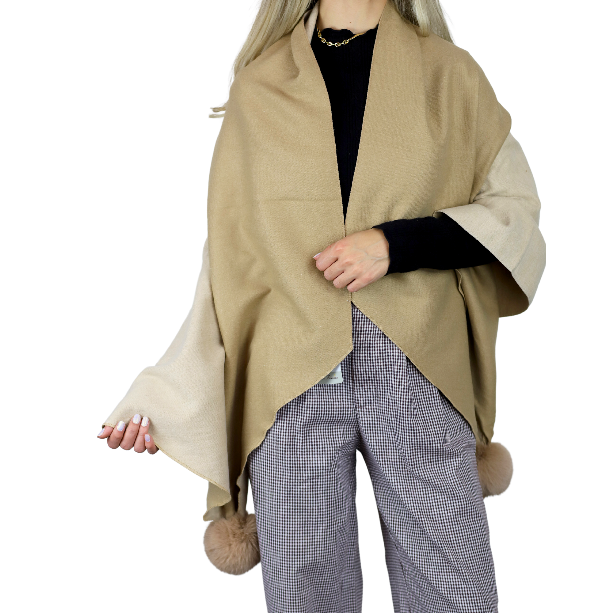 Two Tone Scarf with Faux Fur Poms in Beige - Faux Fur Scarf - La Fiorentina SCAR-226-beige