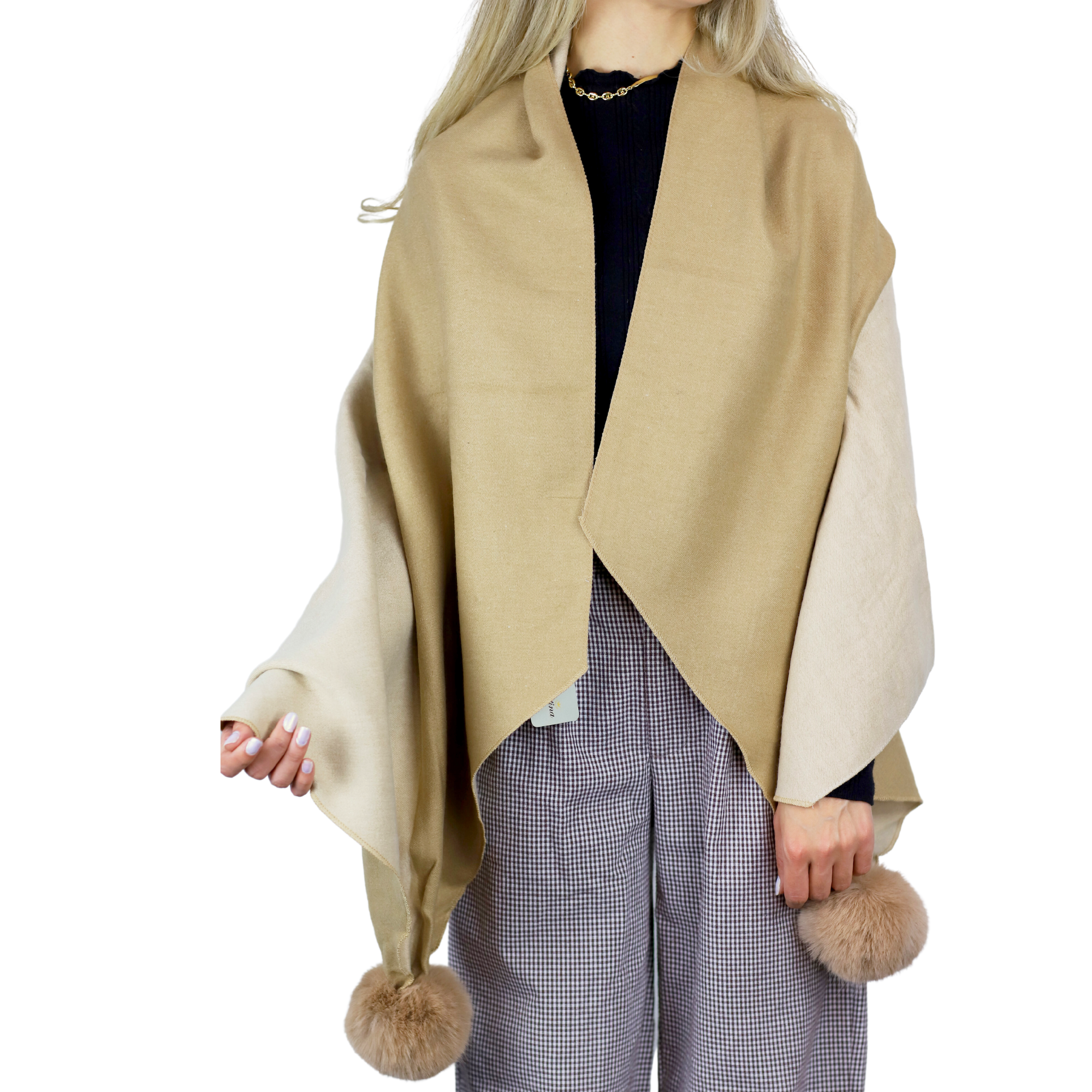 Two Tone Scarf with Faux Fur Poms in Beige - Faux Fur Scarf - La Fiorentina SCAR-226-beige