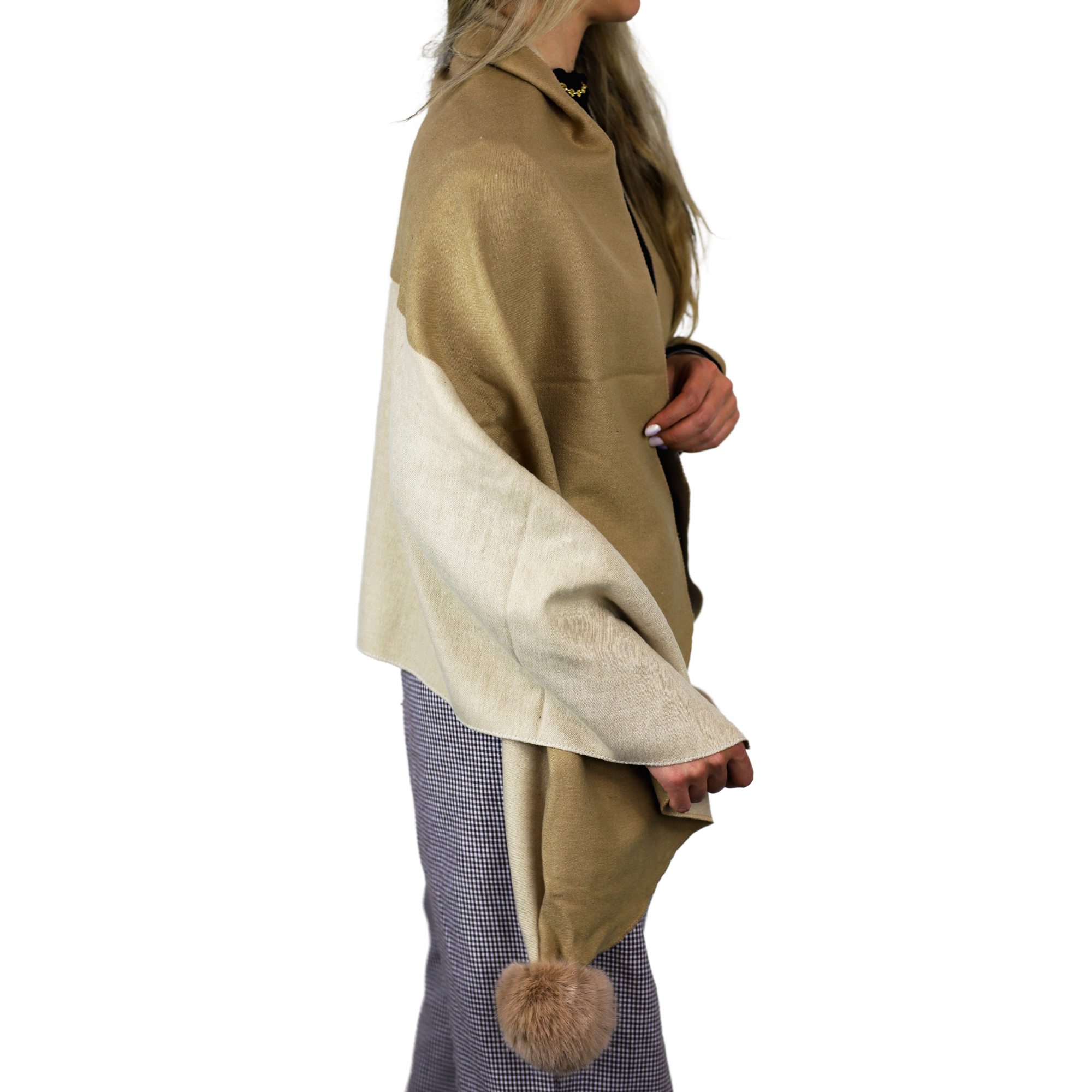 Two Tone Scarf with Faux Fur Poms in Beige - Faux Fur Scarf - La Fiorentina SCAR-226-beige