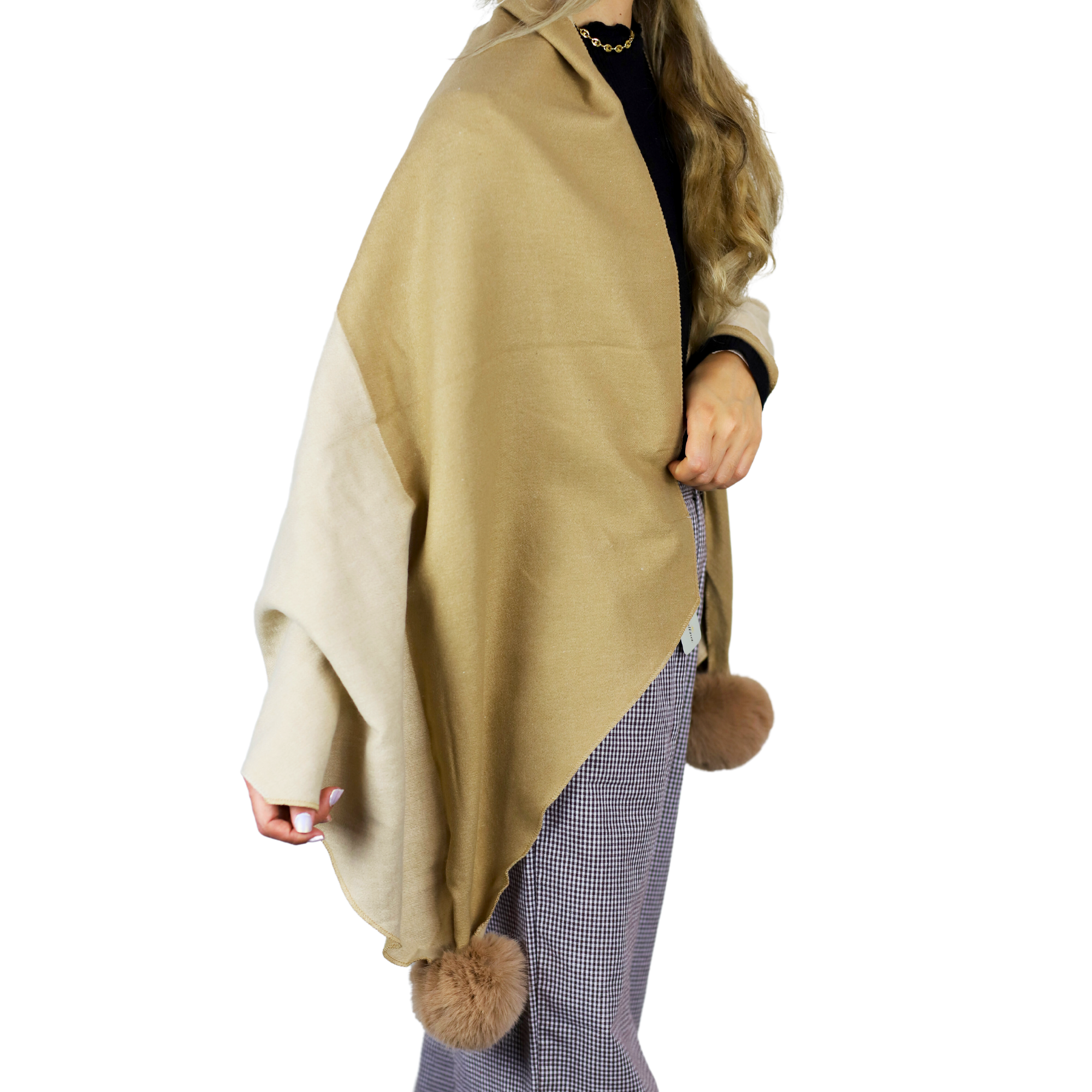 Two Tone Scarf with Faux Fur Poms in Beige - Faux Fur Scarf - La Fiorentina SCAR-226-beige