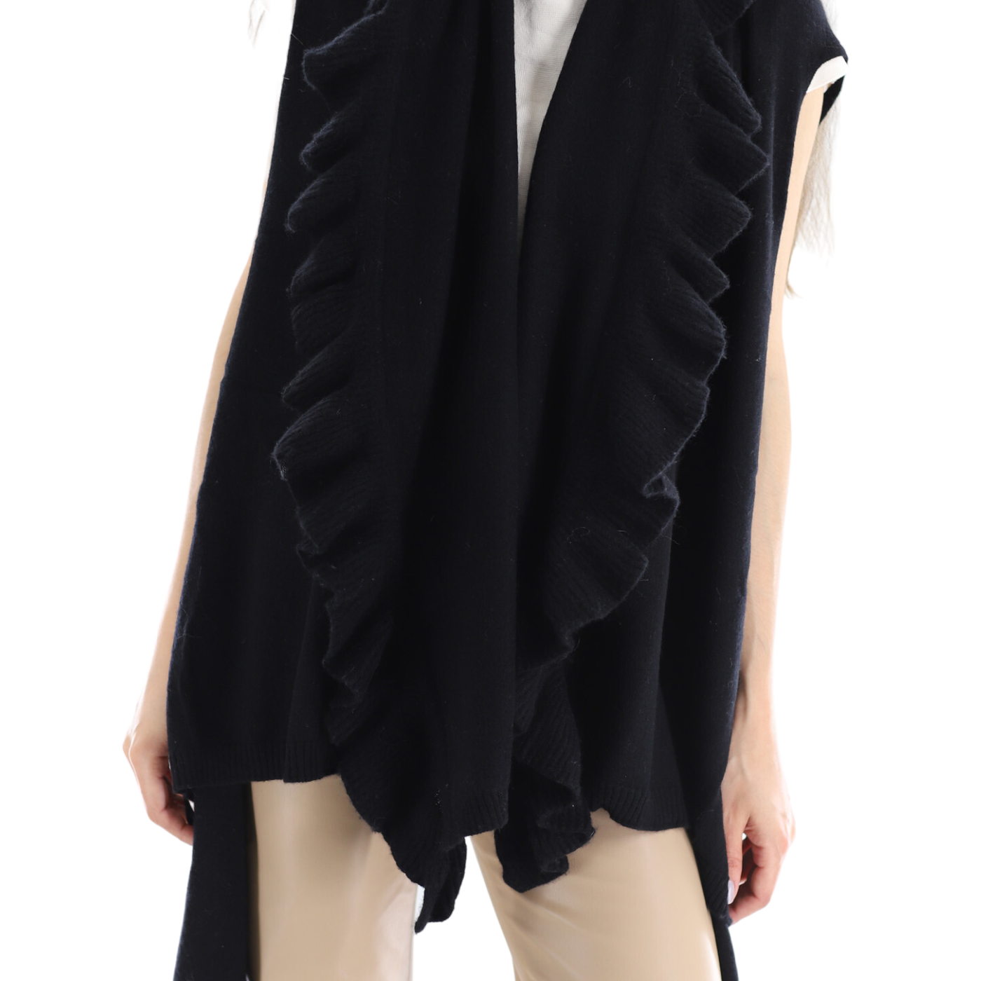 La Fiorentina Knitted Black Vest with Ruffles - Wool/Cashmere Blend - One Size (90 x 146 cm) - Outerwear - La Fiorentina SKM1508-BLACK