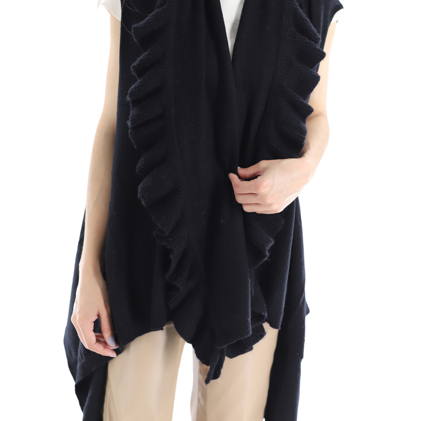 La Fiorentina Knitted Black Vest with Ruffles - Wool/Cashmere Blend - One Size (90 x 146 cm) - Outerwear - La Fiorentina SKM1508-BLACK