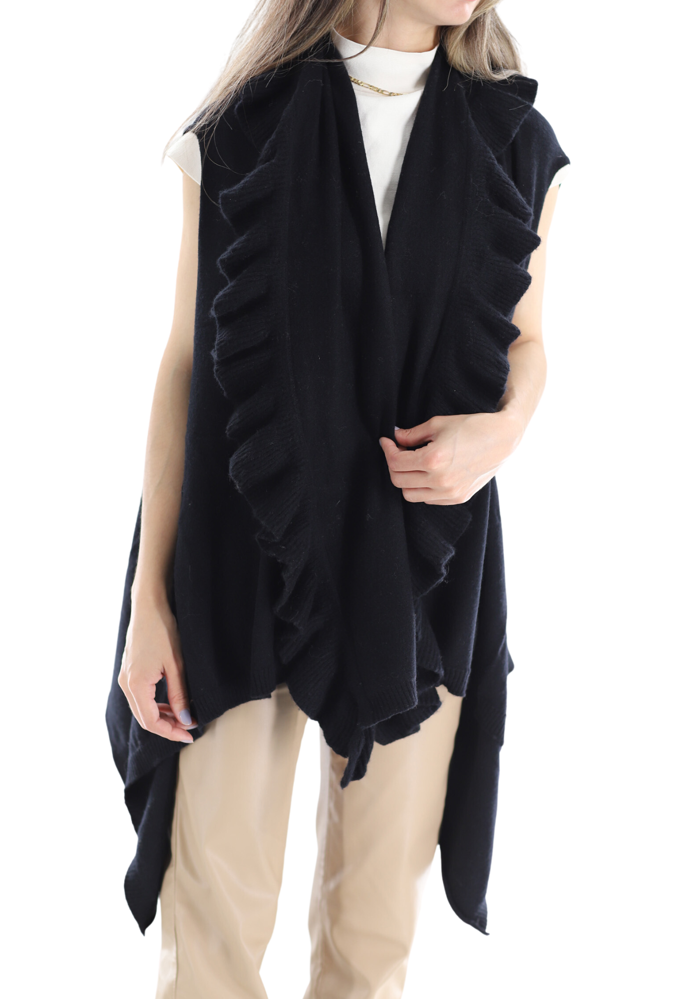 La Fiorentina Knitted Black Vest with Ruffles - Wool/Cashmere Blend - One Size (90 x 146 cm) - Outerwear - La Fiorentina SKM1508-BLACK