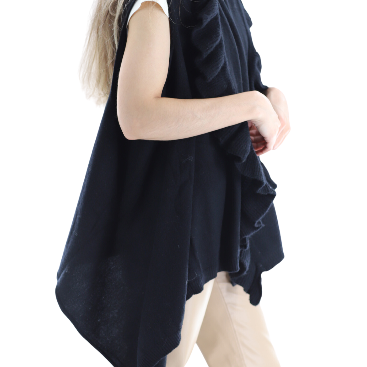 La Fiorentina Knitted Black Vest with Ruffles - Wool/Cashmere Blend - One Size (90 x 146 cm) - Outerwear - La Fiorentina SKM1508-BLACK