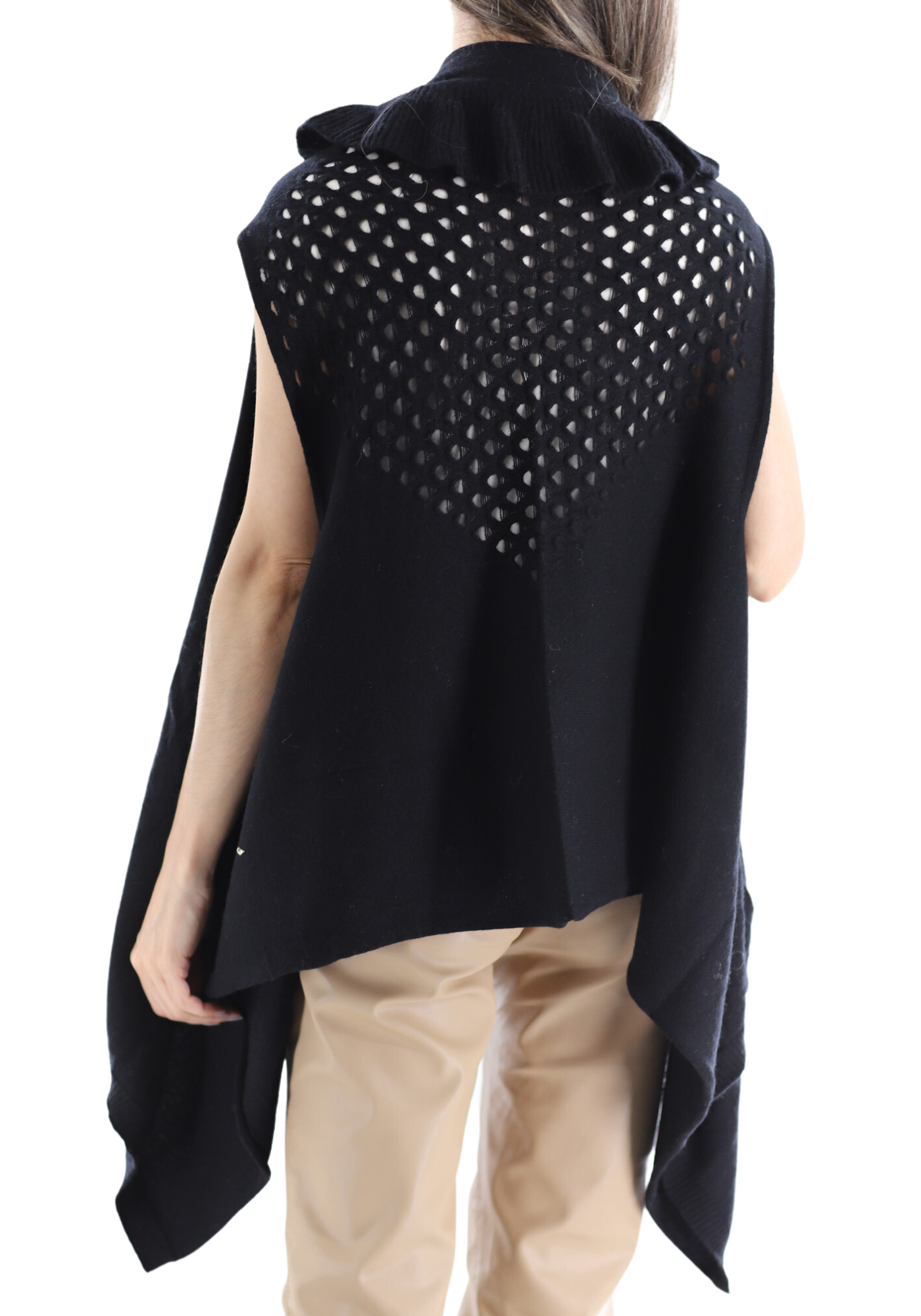 La Fiorentina Knitted Black Vest with Ruffles - Wool/Cashmere Blend - One Size (90 x 146 cm) - Outerwear - La Fiorentina SKM1508-BLACK