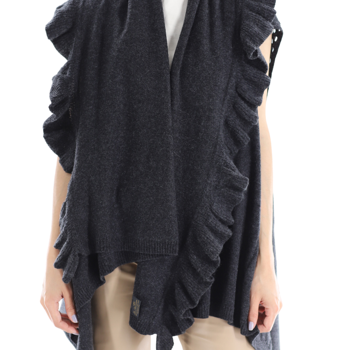 La Fiorentina Knitted Charcoal Grey Vest with Ruffles - Wool/Cashmere Blend - One Size (90 x 146 cm) - Outerwear - La Fiorentina SKM1508-CHARCOALGREY