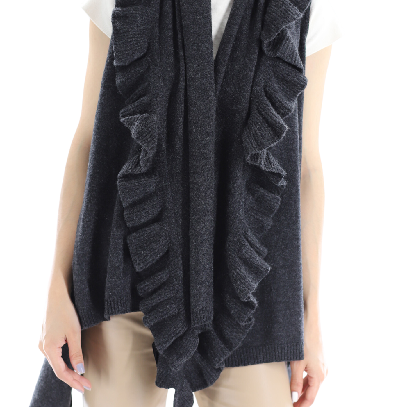 La Fiorentina Knitted Charcoal Grey Vest with Ruffles - Wool/Cashmere Blend - One Size (90 x 146 cm) - Outerwear - La Fiorentina SKM1508-CHARCOALGREY