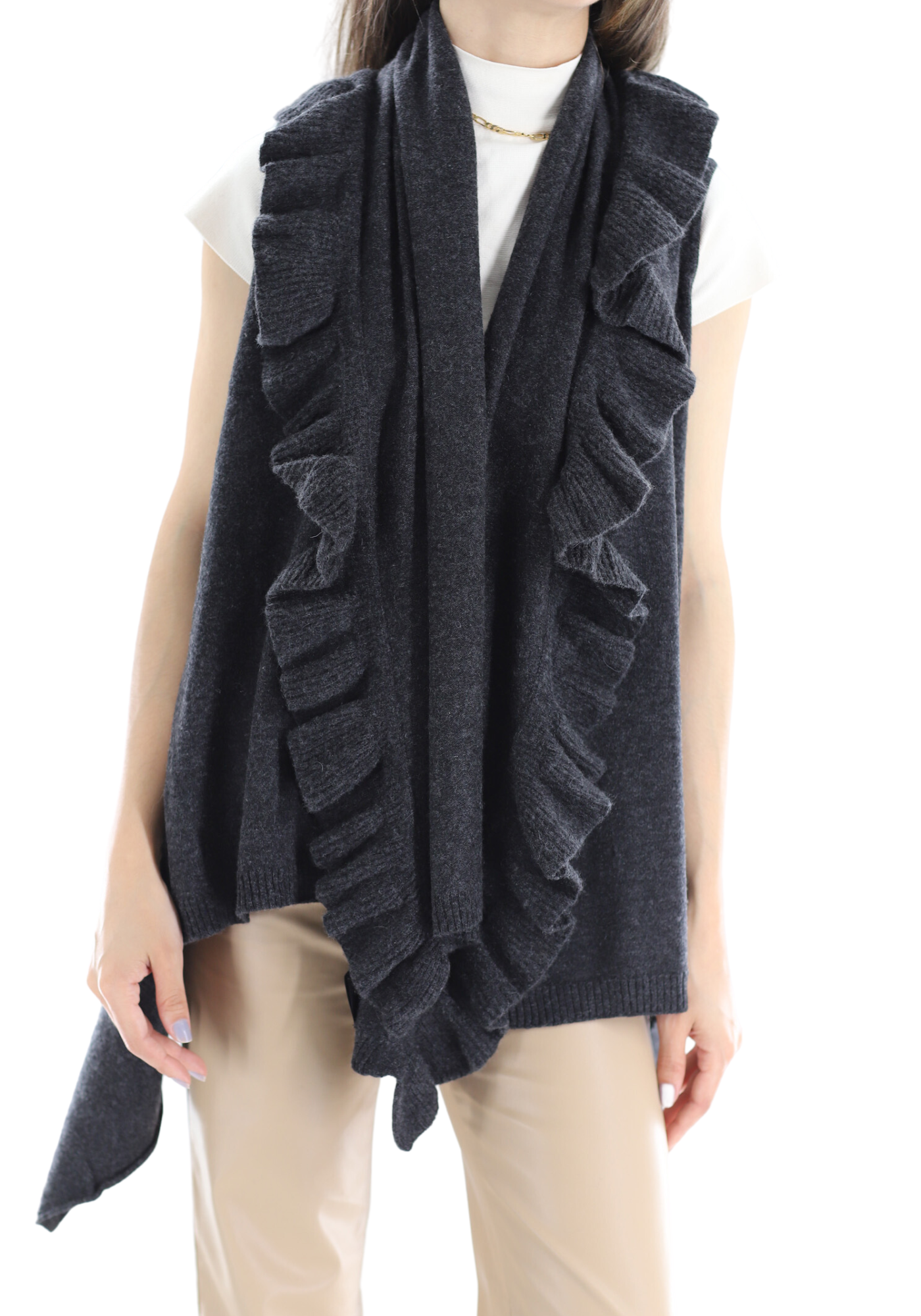 La Fiorentina Knitted Charcoal Grey Vest with Ruffles - Wool/Cashmere Blend - One Size (90 x 146 cm) - Outerwear - La Fiorentina SKM1508-CHARCOALGREY