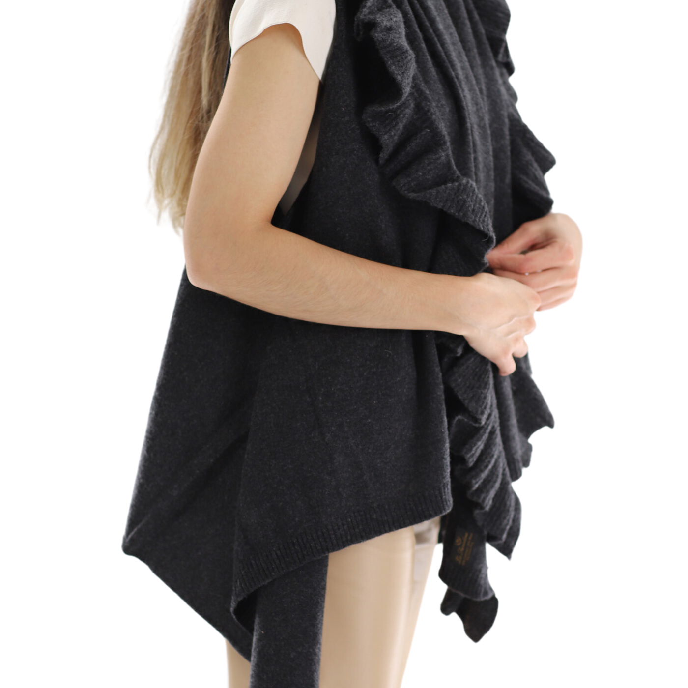 La Fiorentina Knitted Charcoal Grey Vest with Ruffles - Wool/Cashmere Blend - One Size (90 x 146 cm) - Outerwear - La Fiorentina SKM1508-CHARCOALGREY