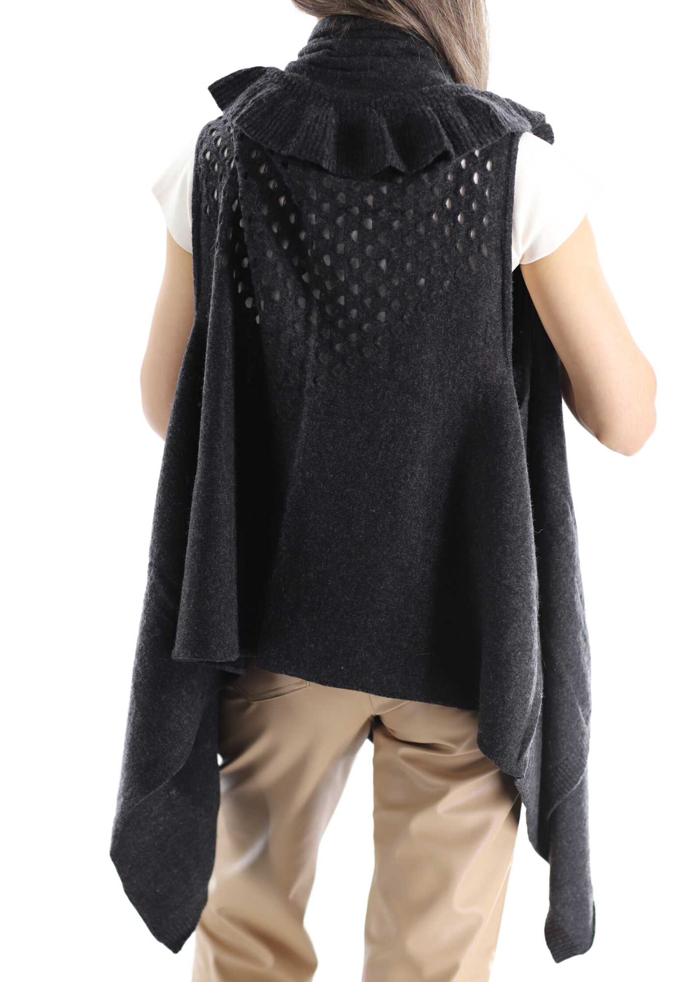 La Fiorentina Knitted Charcoal Grey Vest with Ruffles - Wool/Cashmere Blend - One Size (90 x 146 cm) - Outerwear - La Fiorentina SKM1508-CHARCOALGREY