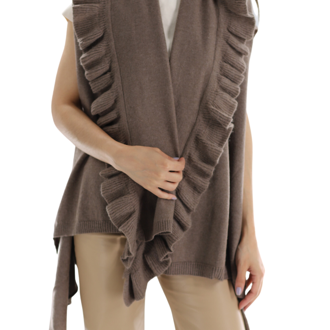 La Fiorentina Knitted Taupe Vest with Ruffles - Wool/Cashmere Blend - One Size (90 x 146 cm) - Outerwear - La Fiorentina SKM1508-TAUPE