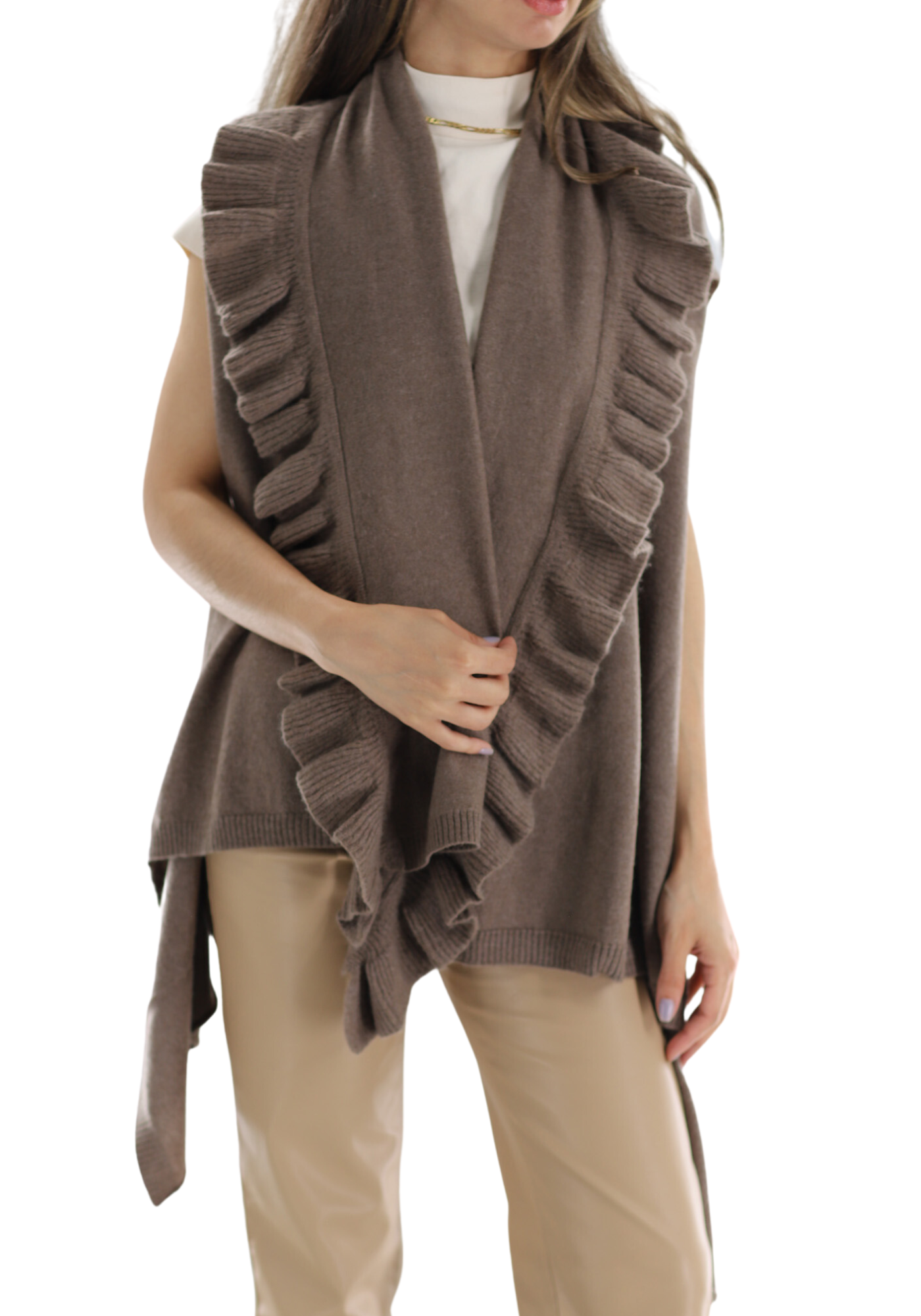 La Fiorentina Knitted Taupe Vest with Ruffles - Wool/Cashmere Blend - One Size (90 x 146 cm) - Outerwear - La Fiorentina SKM1508-TAUPE