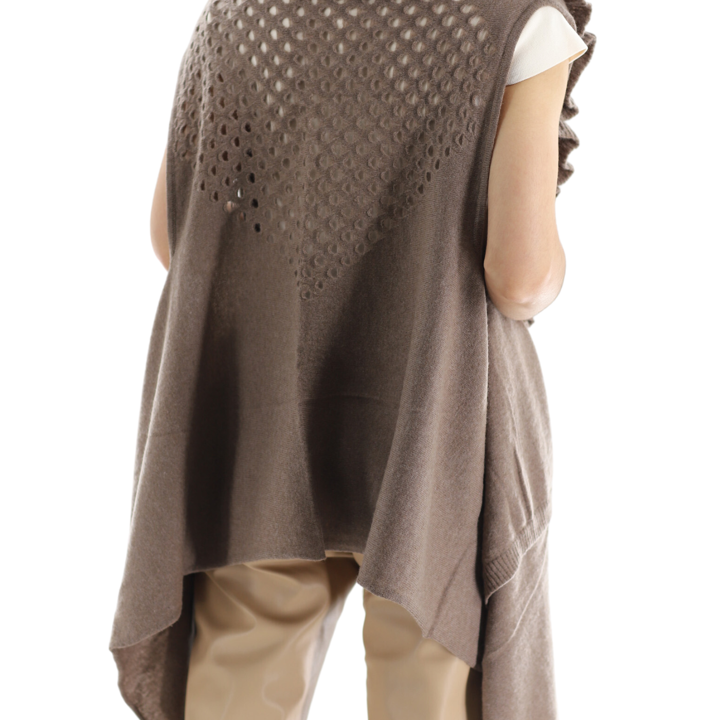 La Fiorentina Knitted Taupe Vest with Ruffles - Wool/Cashmere Blend - One Size (90 x 146 cm) - Outerwear - La Fiorentina SKM1508-TAUPE