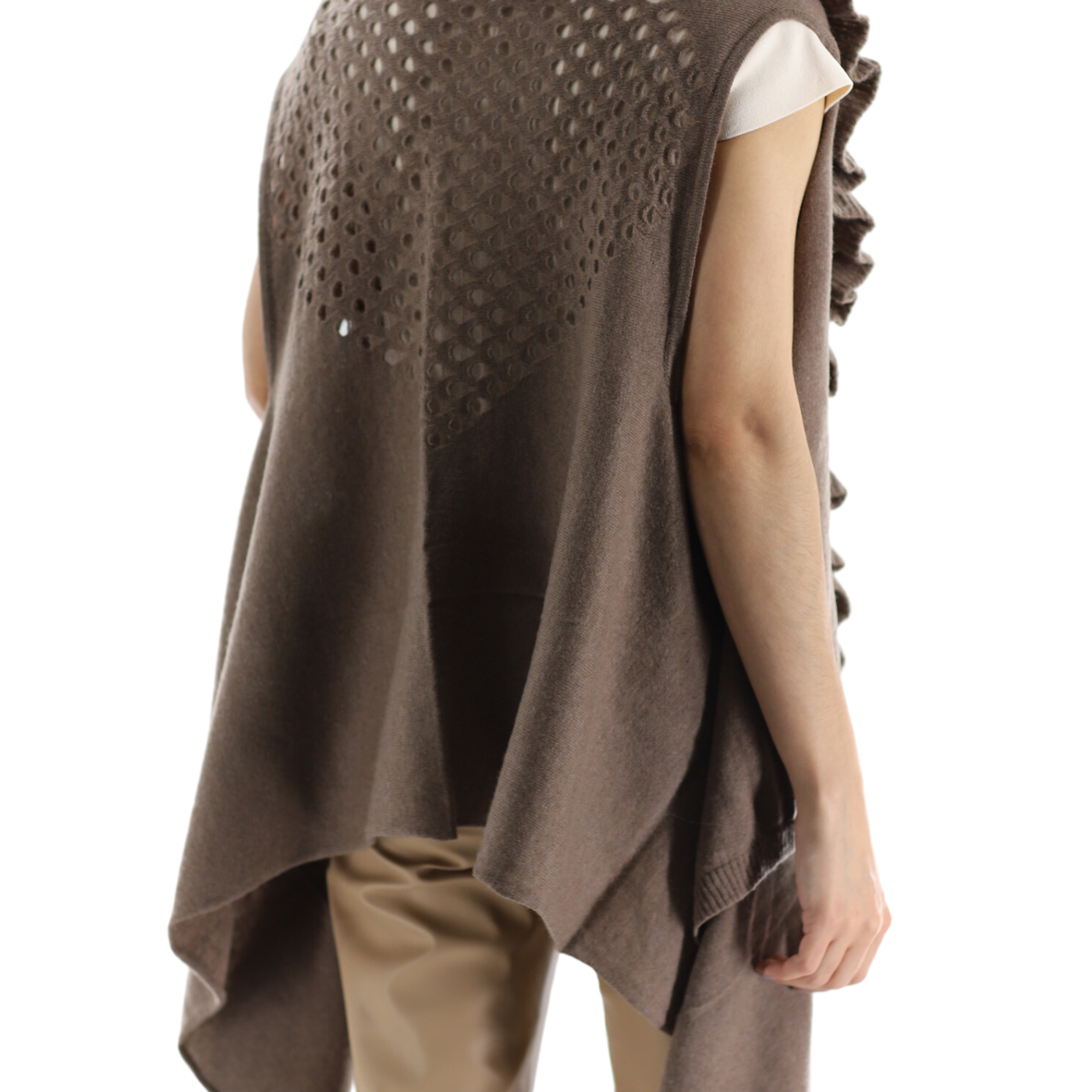 La Fiorentina Knitted Taupe Vest with Ruffles - Wool/Cashmere Blend - One Size (90 x 146 cm) - Outerwear - La Fiorentina SKM1508-TAUPE