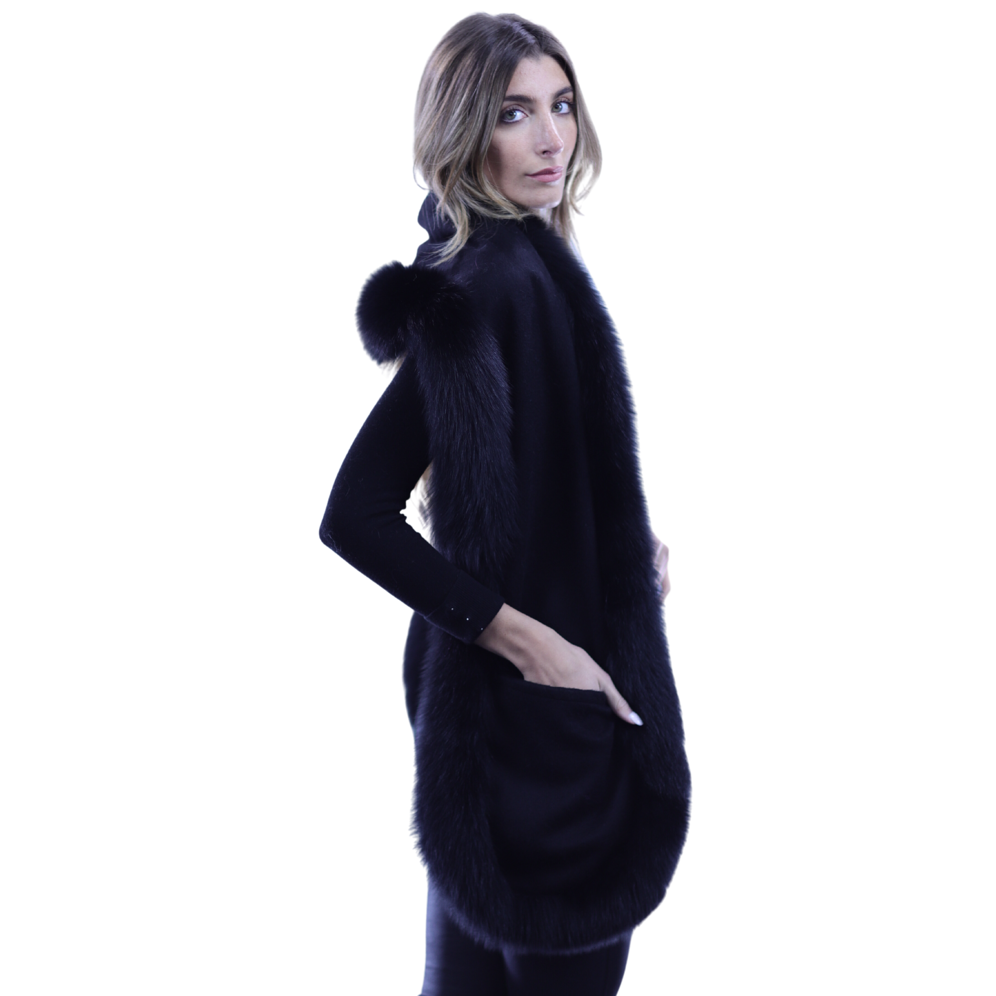 La Fiorentina Luxurious Fox Fur Trim Scarf with Stylish Pocket - One Size - Multiple Colors - Scarf - La Fiorentina, Black SP-52B-grey