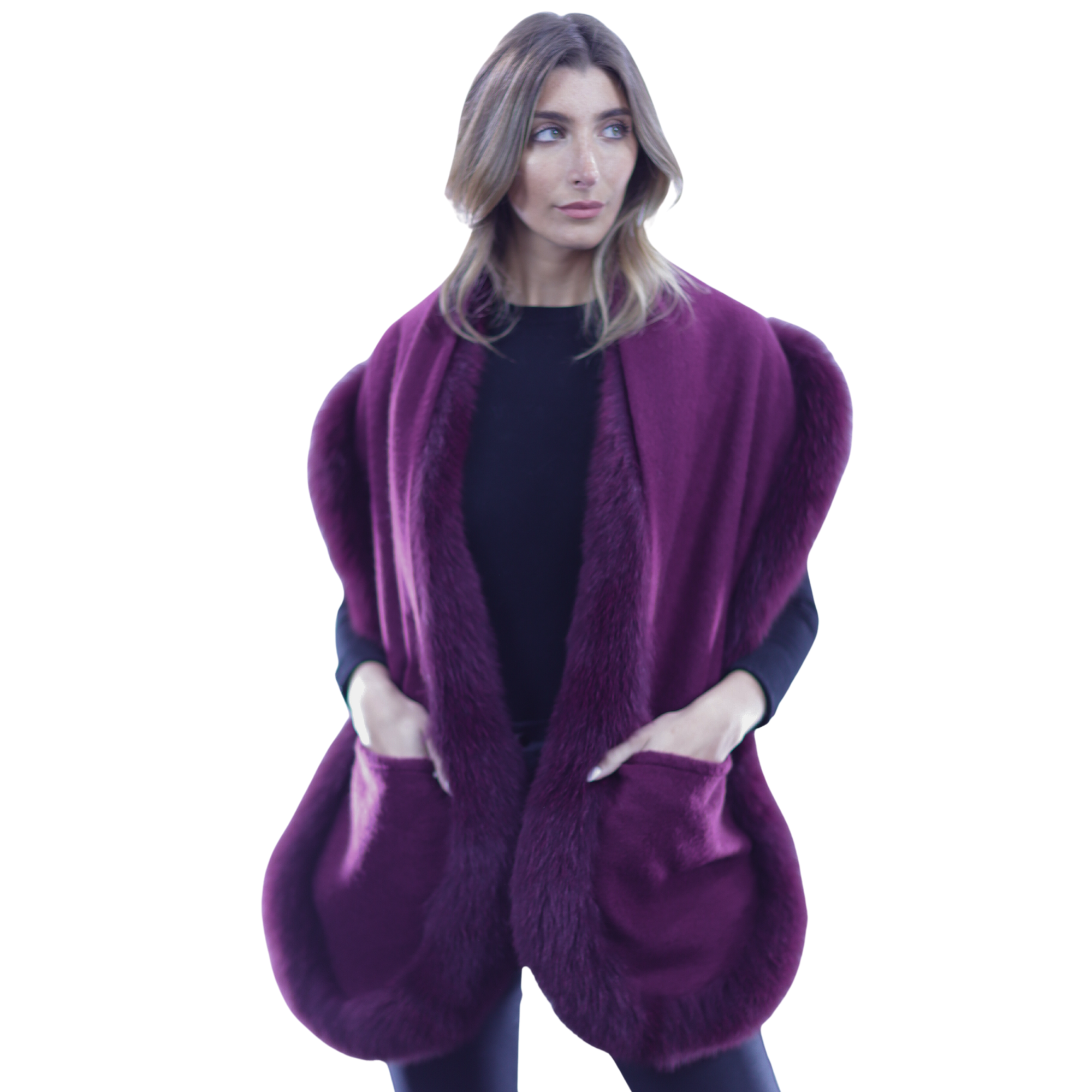 La Fiorentina Luxurious Fox Fur Trim Scarf with Stylish Pocket - One Size - Multiple Colors - Scarf - La Fiorentina, Plum  SP-52B-plum