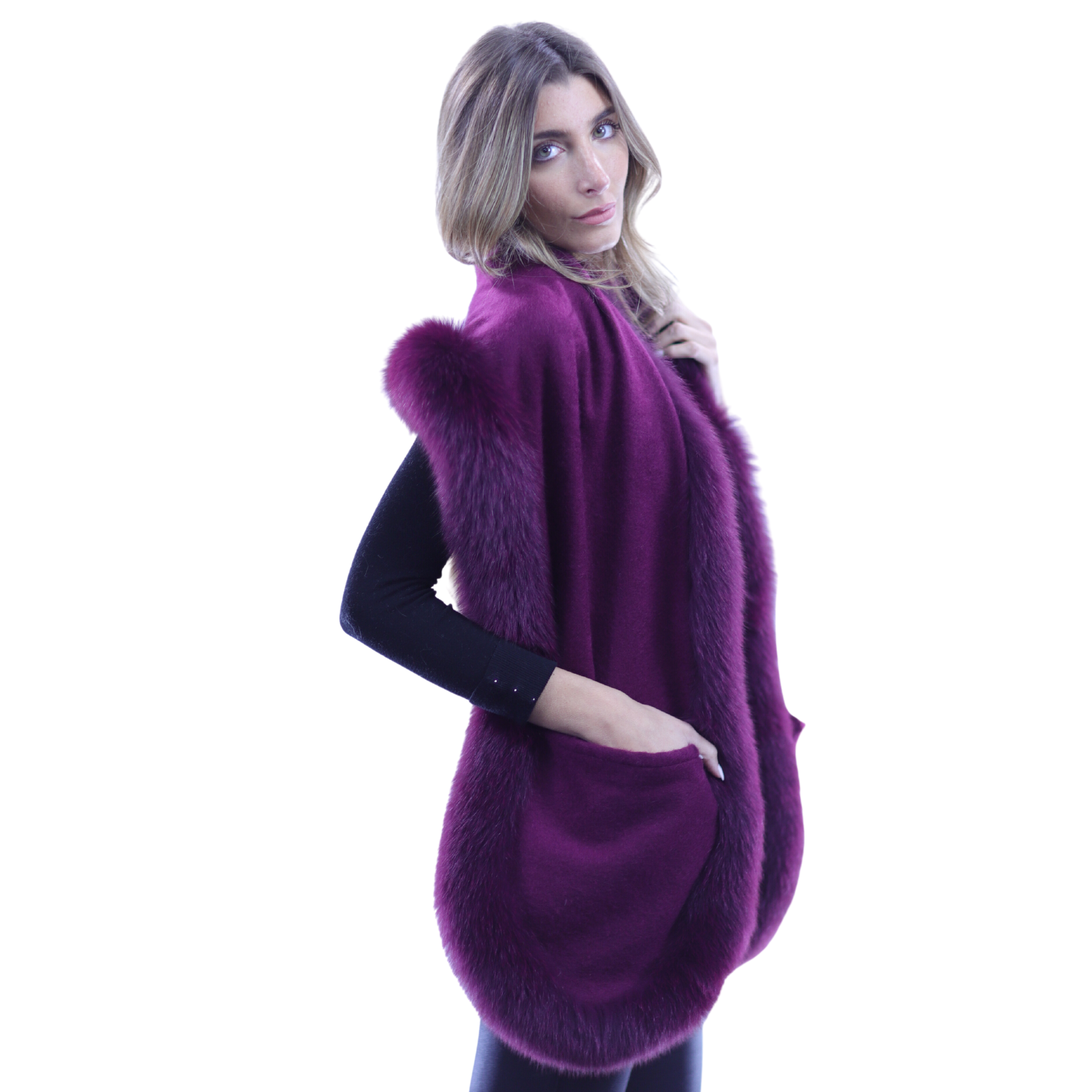 La Fiorentina Luxurious Fox Fur Trim Scarf with Stylish Pocket - One Size - Multiple Colors - Scarf - La Fiorentina, Plum  SP-52B-plum