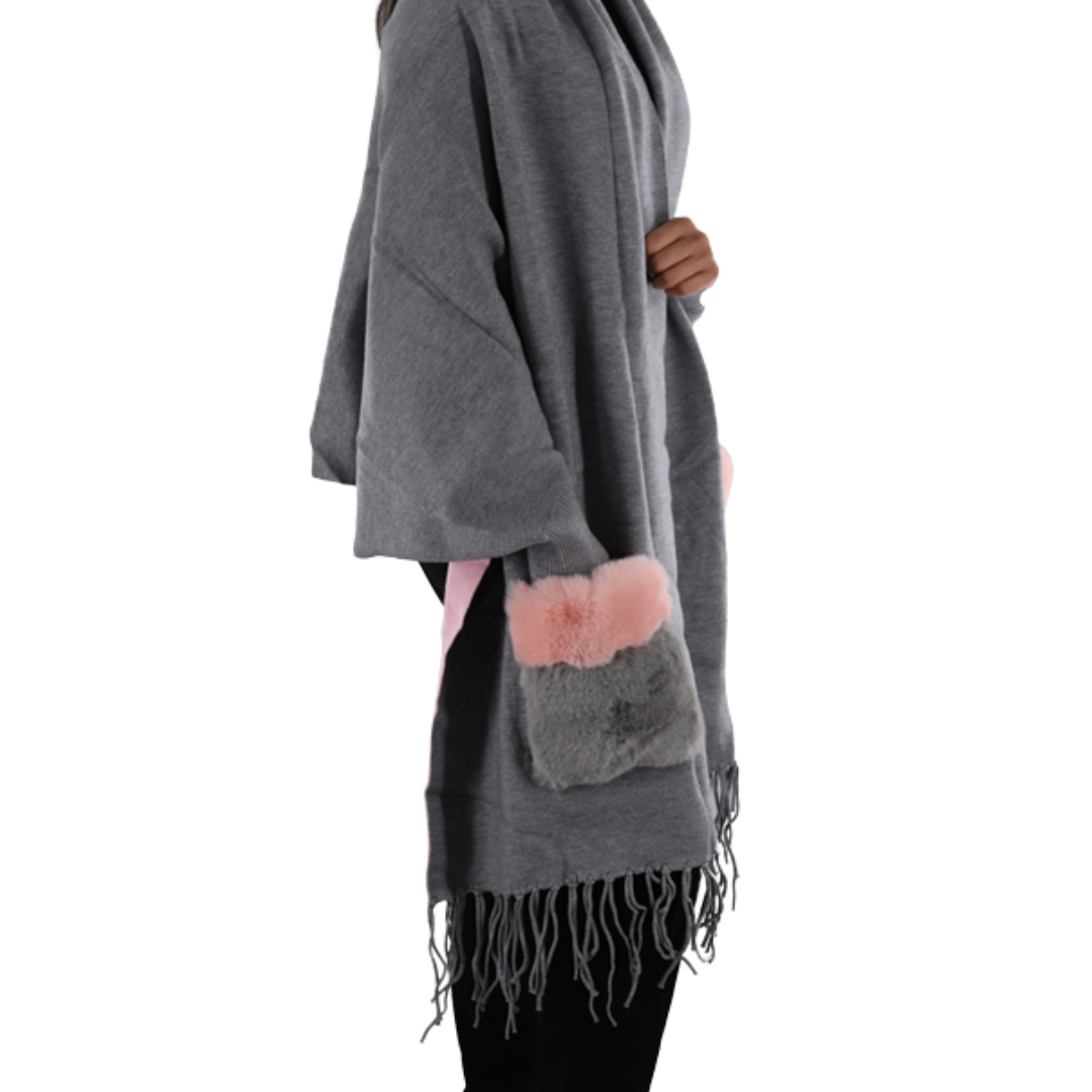 Wrap with Faux Fur Trim Pockets