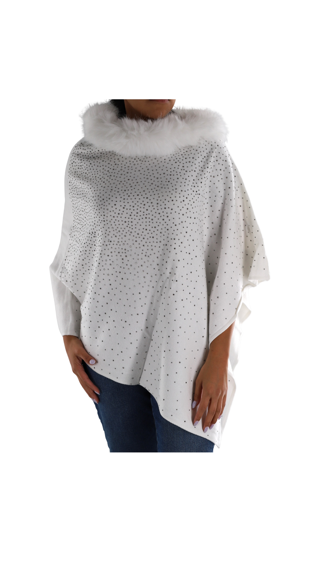 Embellished poncho with faux fur collar