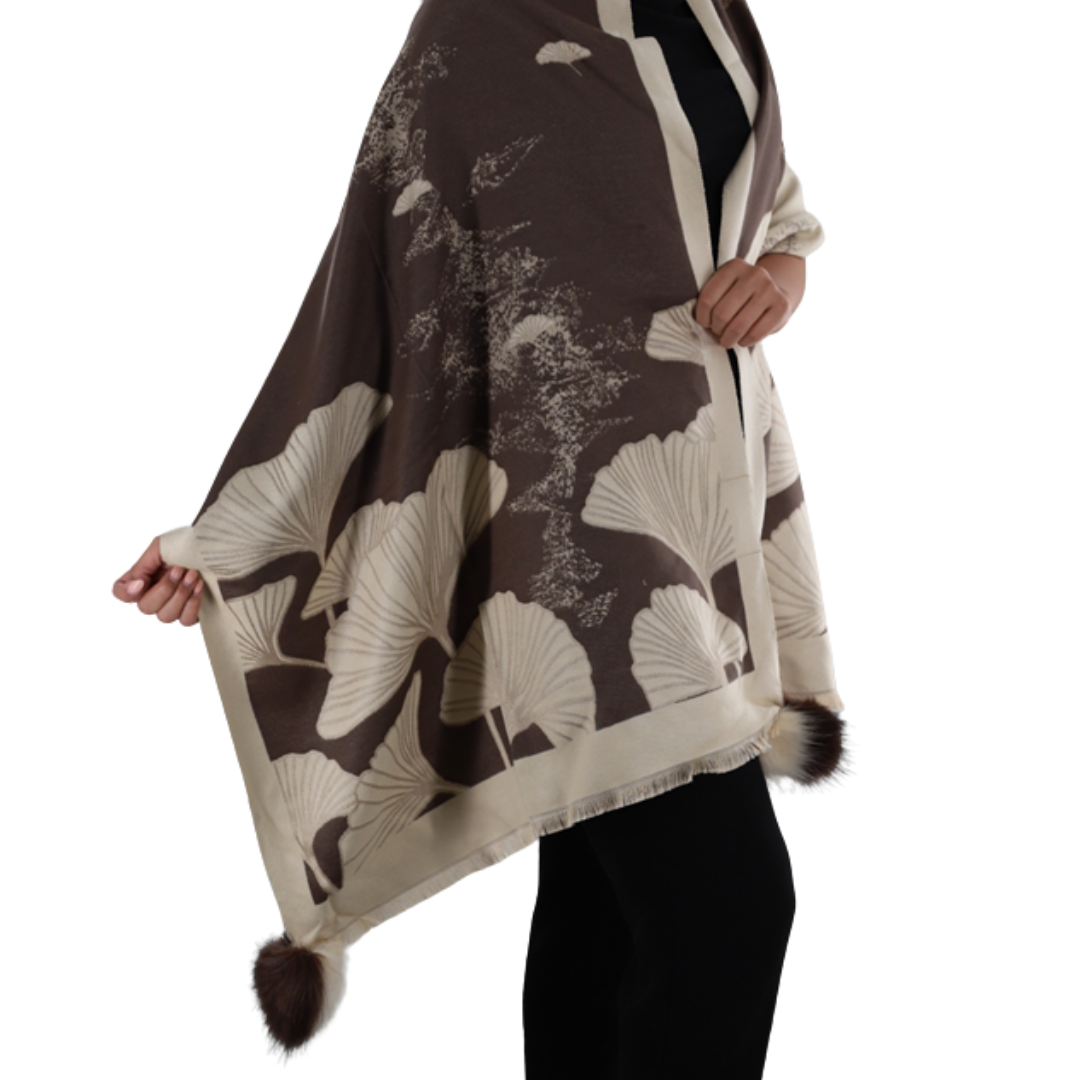 Shell Print Wrap With Faux Pom-Poms