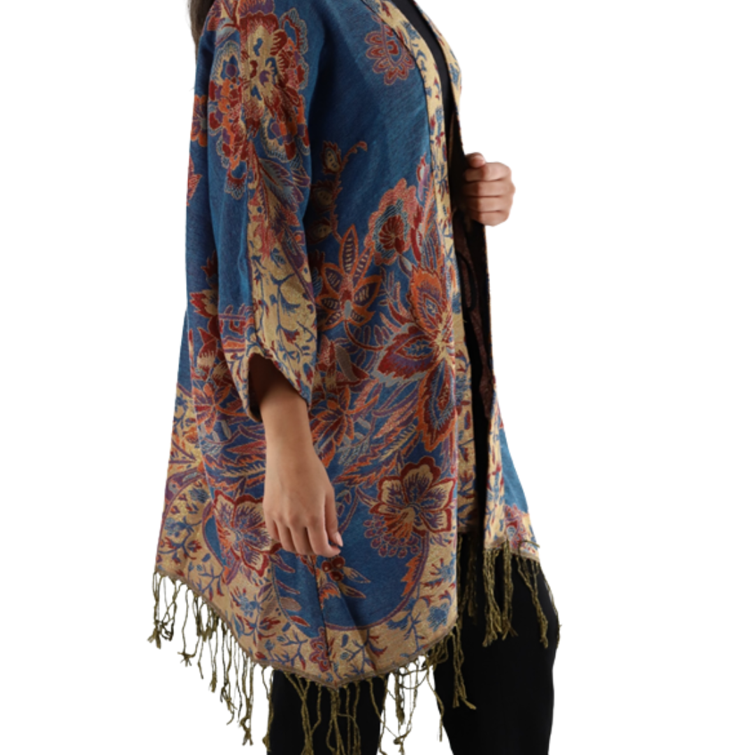 Printed ruana with fringe