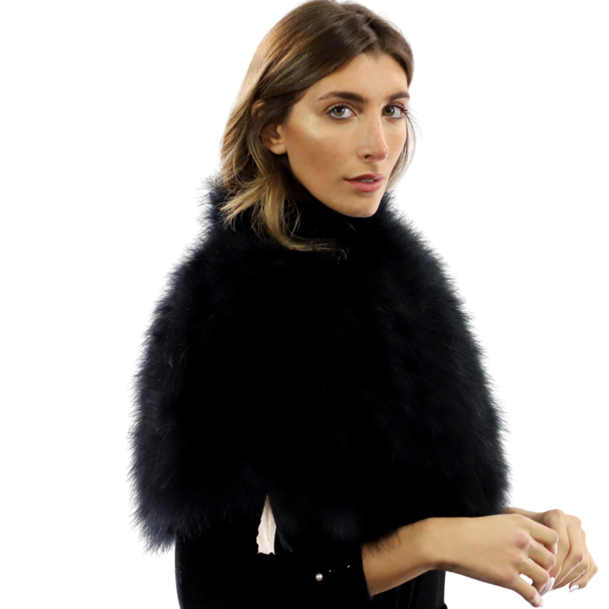 Elegant Shoulder Feathery Cape - Black & Light Blue - Cape - La Fiorentina TFK201-BLACK