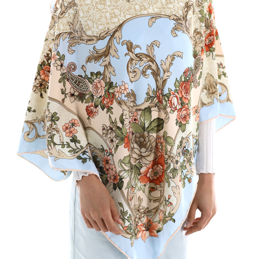 Lightweight Floral Print Poncho - Light Blue - Poncho - La Fiorentina